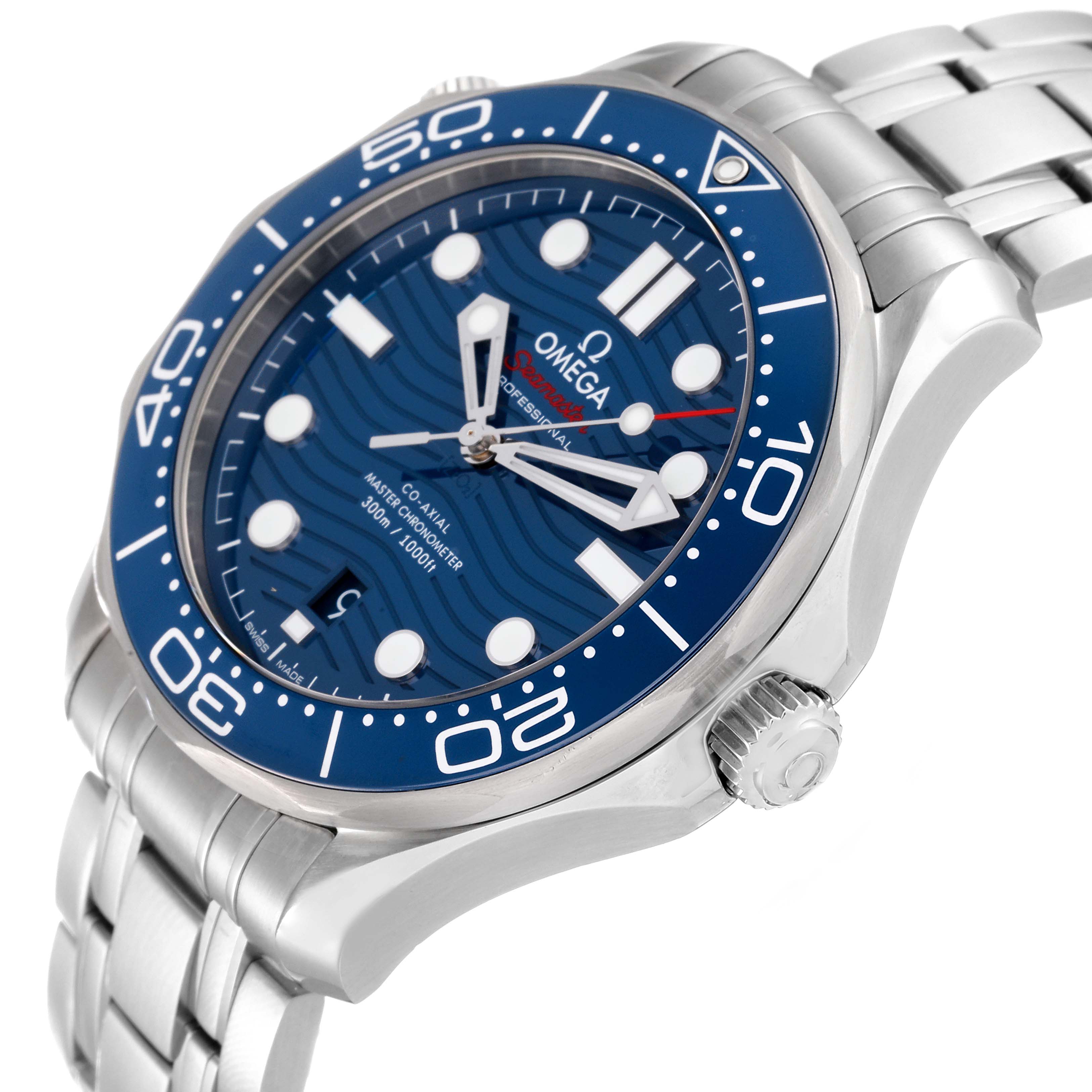 The image shows an angled view of an Omega Seamaster 210.30.42.20.03.001 Men's Stainless Steel Blue Dial 210.30.42.20.03.001 Men's Stainless Steel Blue Dial watch featuring its blue dial, bezel, and stainless steel bracelet.