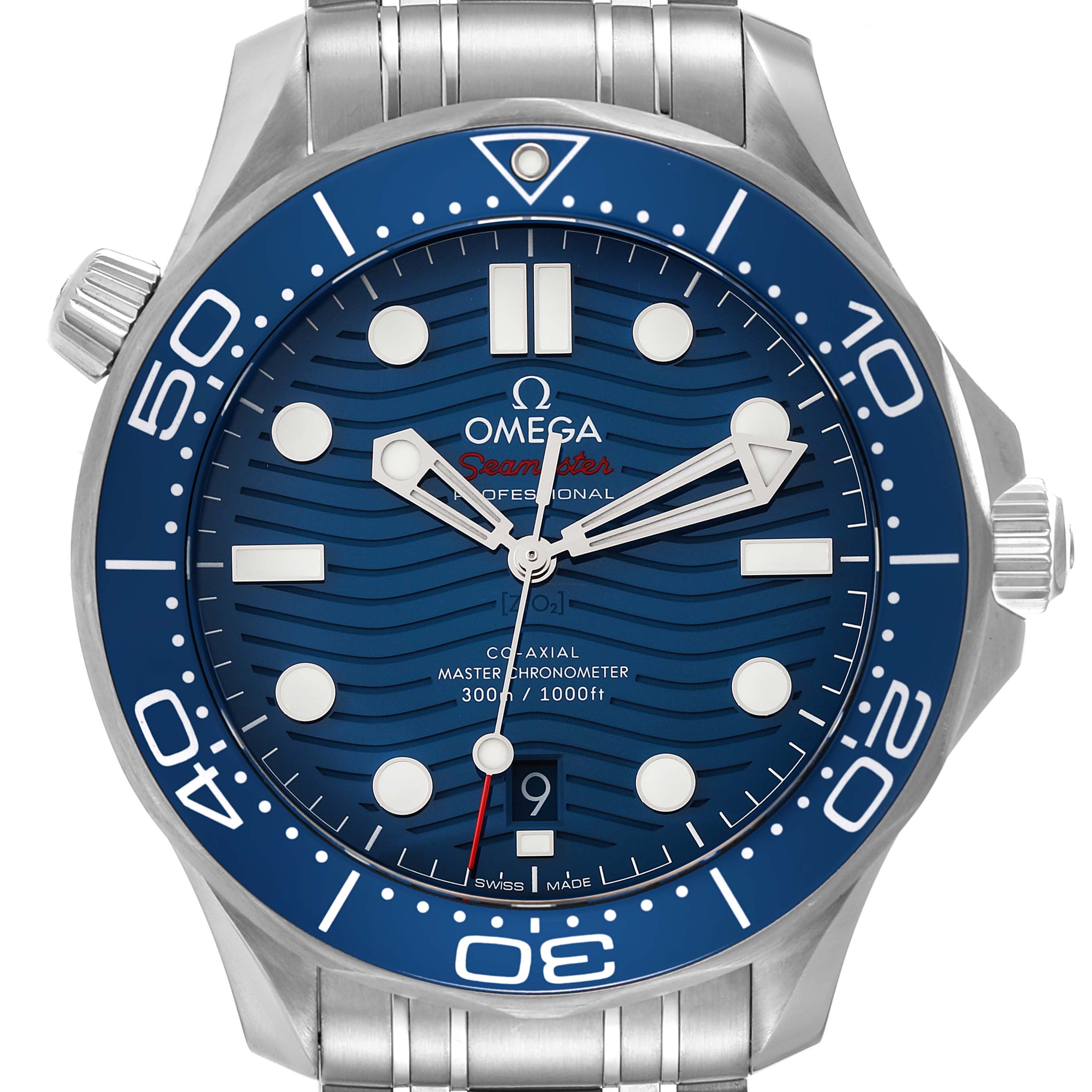 The image shows a front view of the Omega Seamaster 210.30.42.20.03.001 Men's Stainless Steel Blue Dial 210.30.42.20.03.001 Men's Stainless Steel Blue Dial model watch, highlighting its blue bezel, wavy-patterned dial, and stainless steel bracelet.