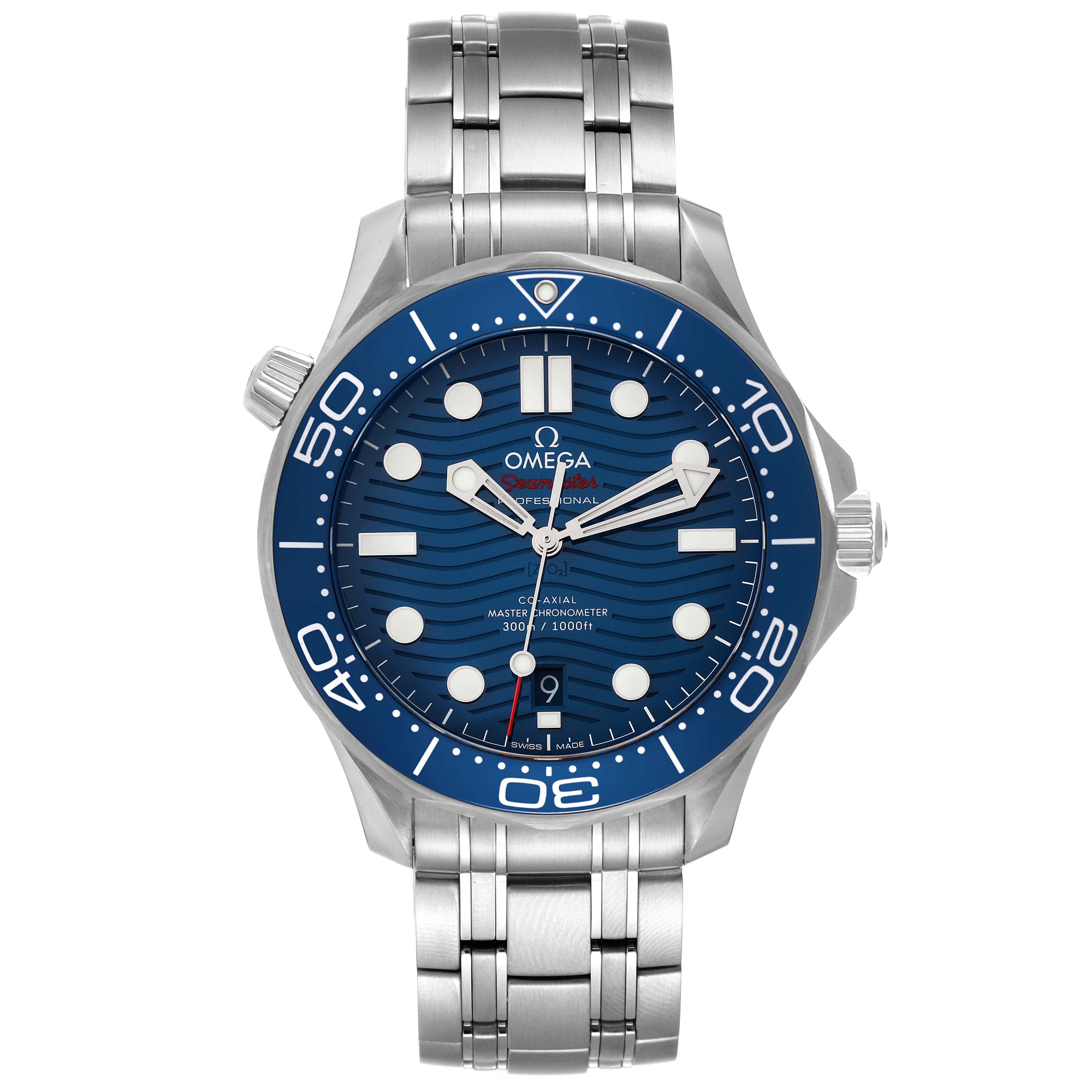 The image shows a front view of an Omega Seamaster 210.30.42.20.03.001 Men's Stainless Steel Blue Dial 210.30.42.20.03.001 Men's Stainless Steel Blue Dial watch, displaying the dial, bezel, hands, and stainless steel bracelet.
