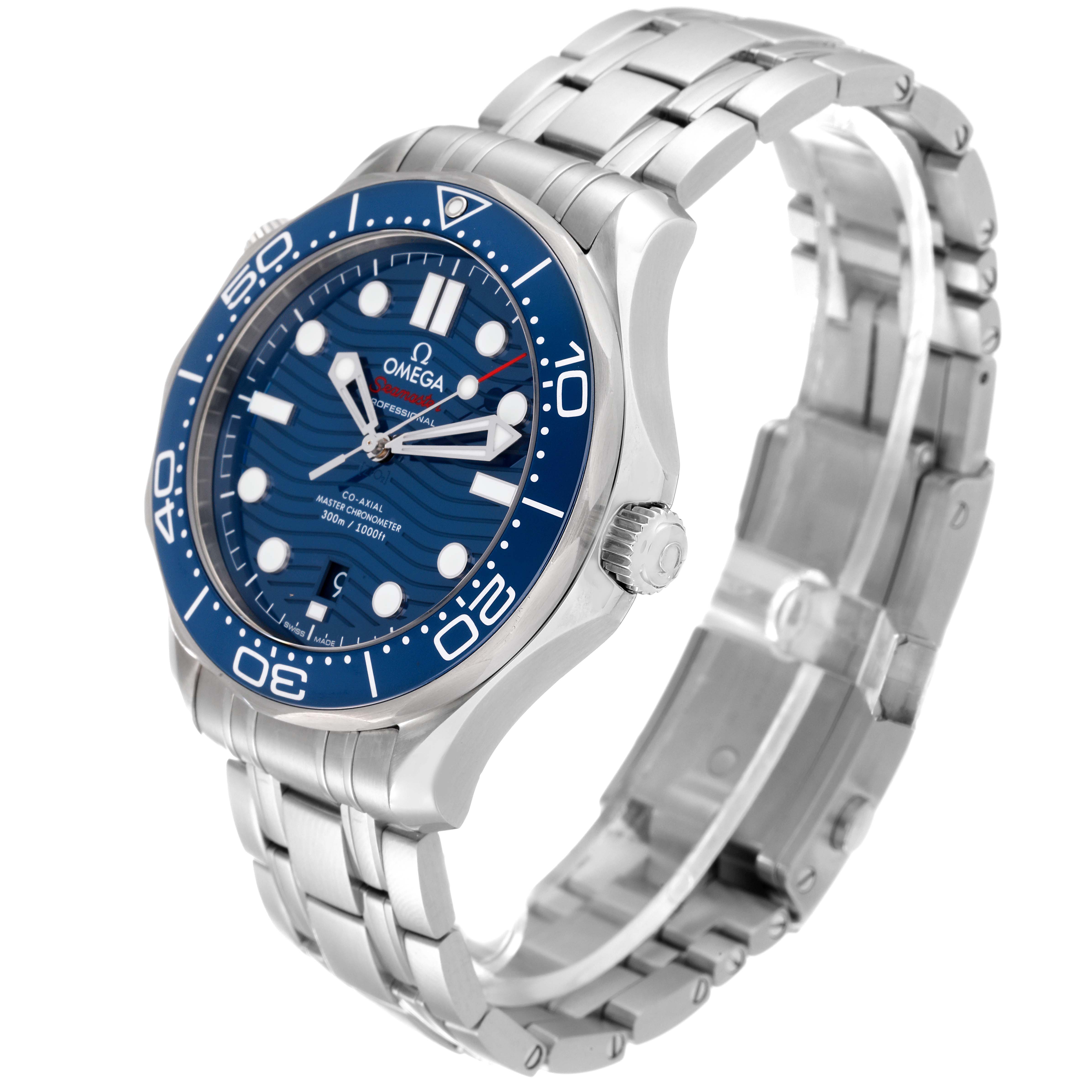 The image shows an Omega Seamaster 210.30.42.20.03.001 Men's Stainless Steel Blue Dial 210.30.42.20.03.001 Men's Stainless Steel Blue Dial watch at an angle, highlighting the face, bezel, crown, and metal bracelet.
