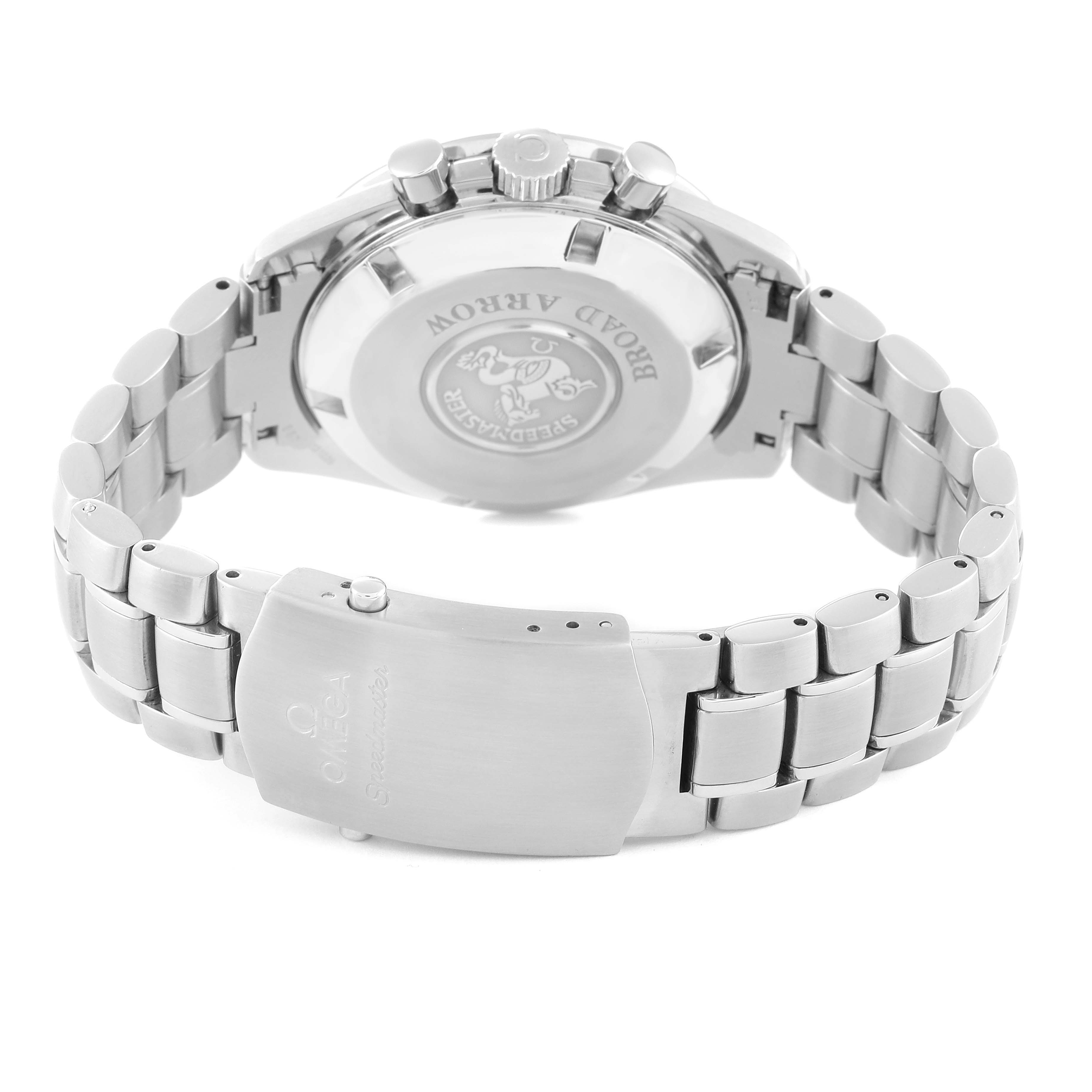 The Omega Speedmaster 3551.20.00 Men
s Stainless Steel Beige Dial 3551.20.00 Men
s Stainless Steel Beige Dial watch is shown from the rear, highlighting the clasp, bracelet, and case back.