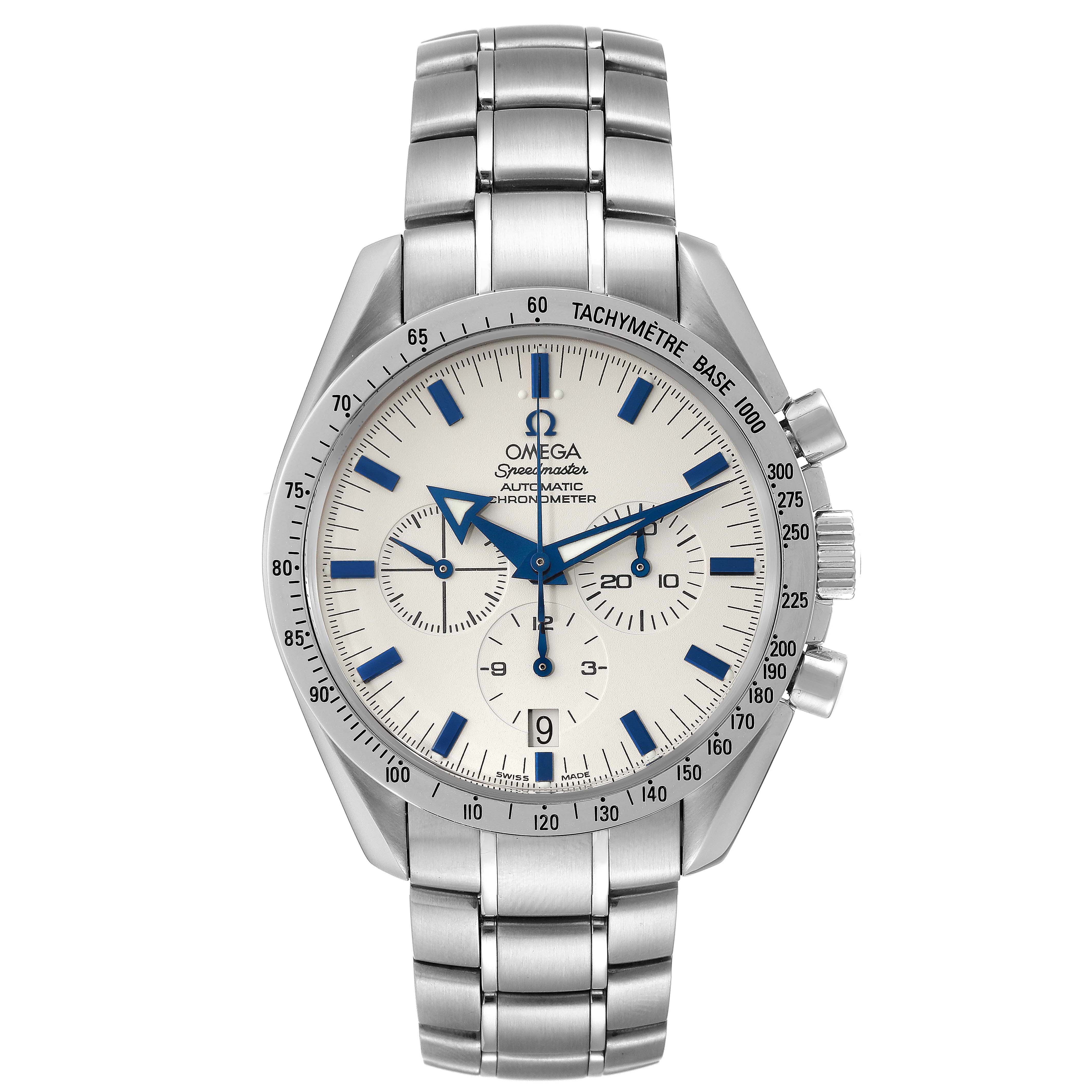 The Omega Speedmaster 3551.20.00 Men
s Stainless Steel Beige Dial 3551.20.00 Men
s Stainless Steel Beige Dial watch is shown from a front view, displaying the dial, bezel with tachymeter, pushers, and bracelet.