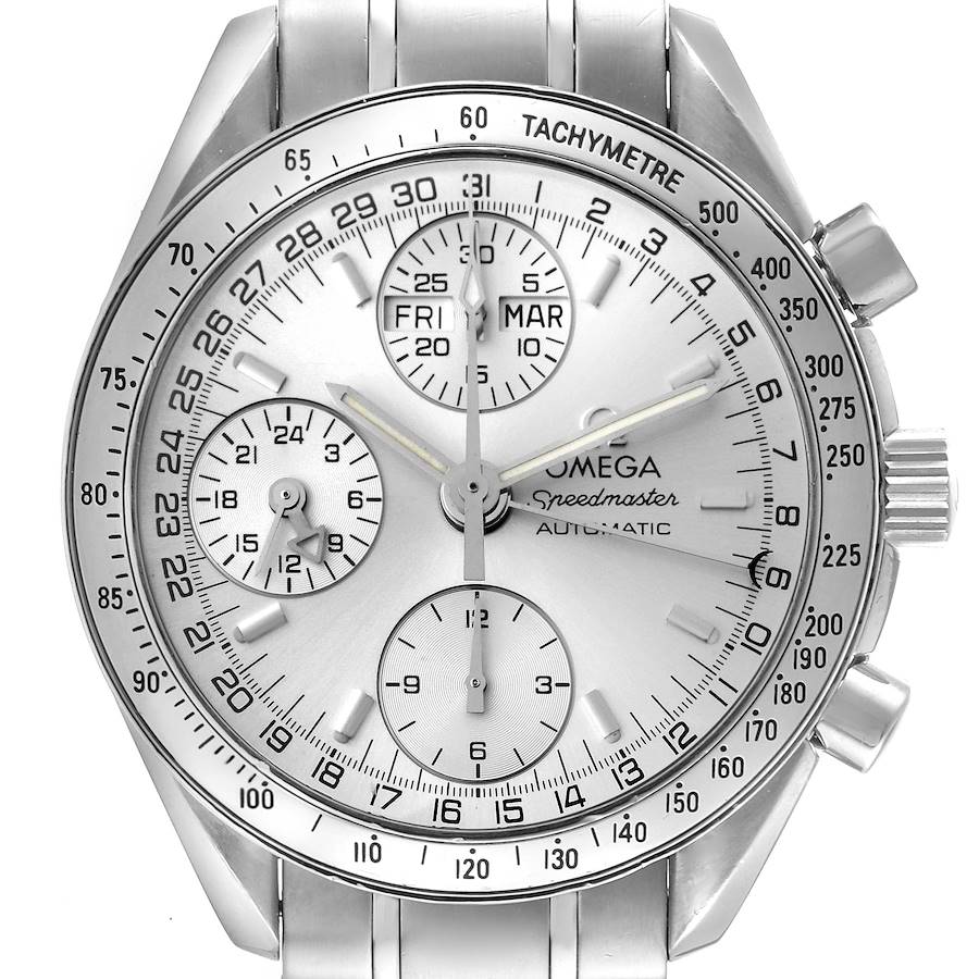 The Omega Speedmaster watch is shown from a front angle, highlighting the face, bezel, subdials, and pushers.