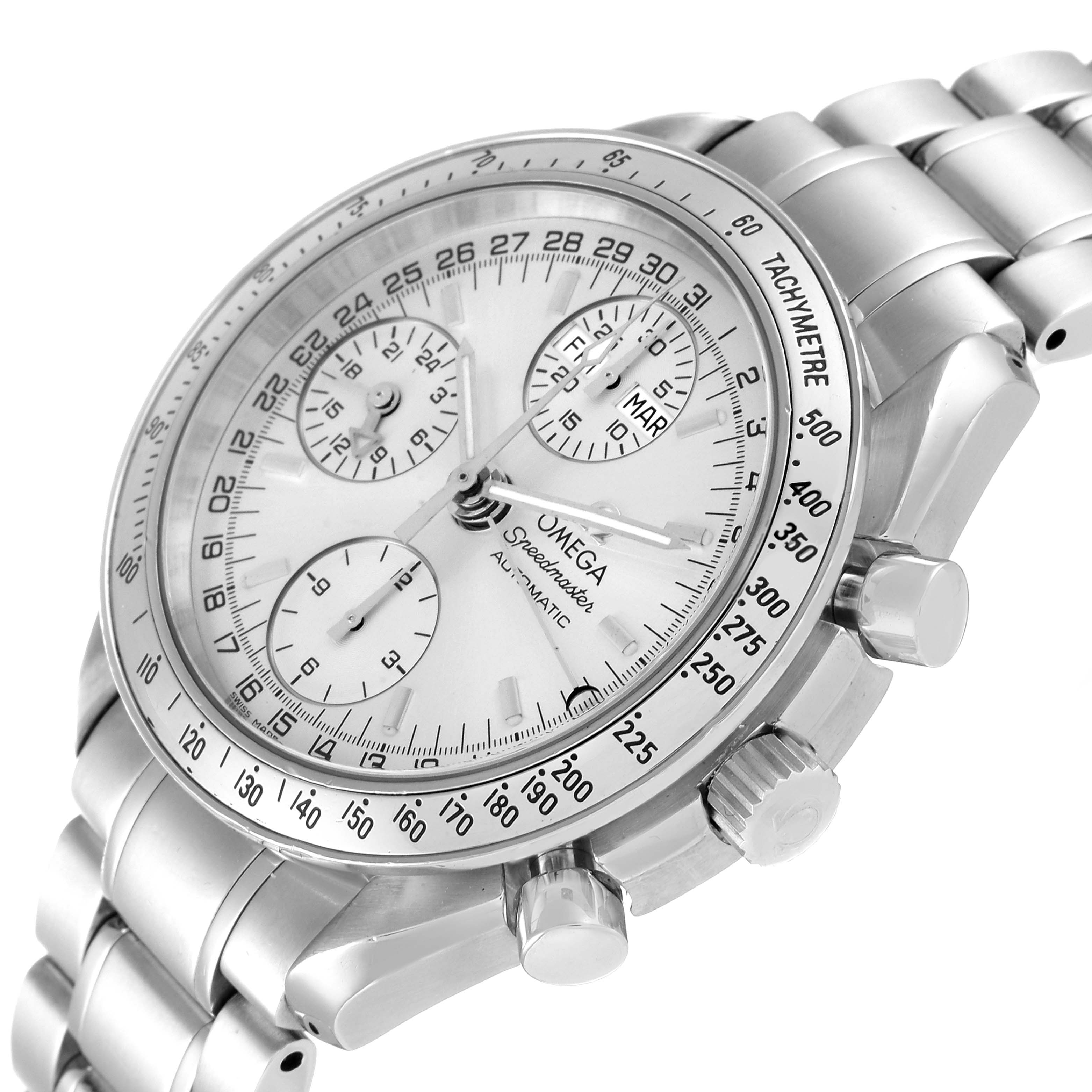 The Omega Speedmaster 3523.30.00 Men
s Stainless Steel Silver Dial 3523.30.00 Men
s Stainless Steel Silver Dial watch is shown at an angle highlighting the face, bezel, and part of the bracelet, with visible chronograph subdials.