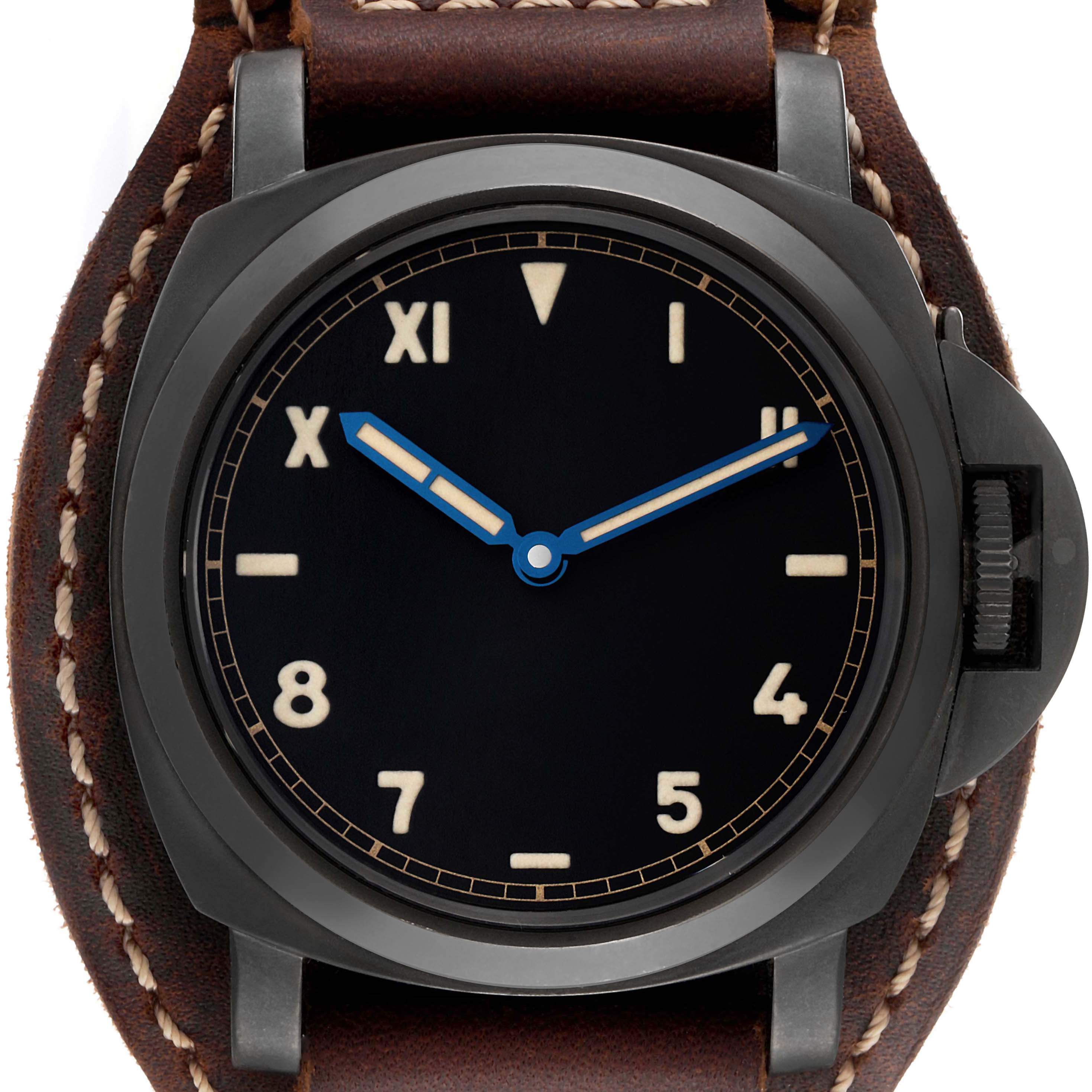 The Panerai Luminor PAM00779 Men
s Titanium Black Dial PAM00779 Men
s Titanium Black Dial watch is shown from the front, displaying its dial, hands, bezel, and part of the leather strap.