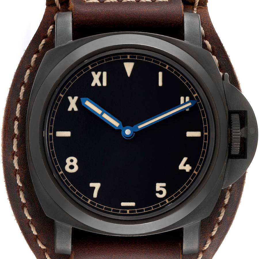 The Panerai Luminor watch is shown from the front, displaying its dial, hands, bezel, and part of the leather strap.