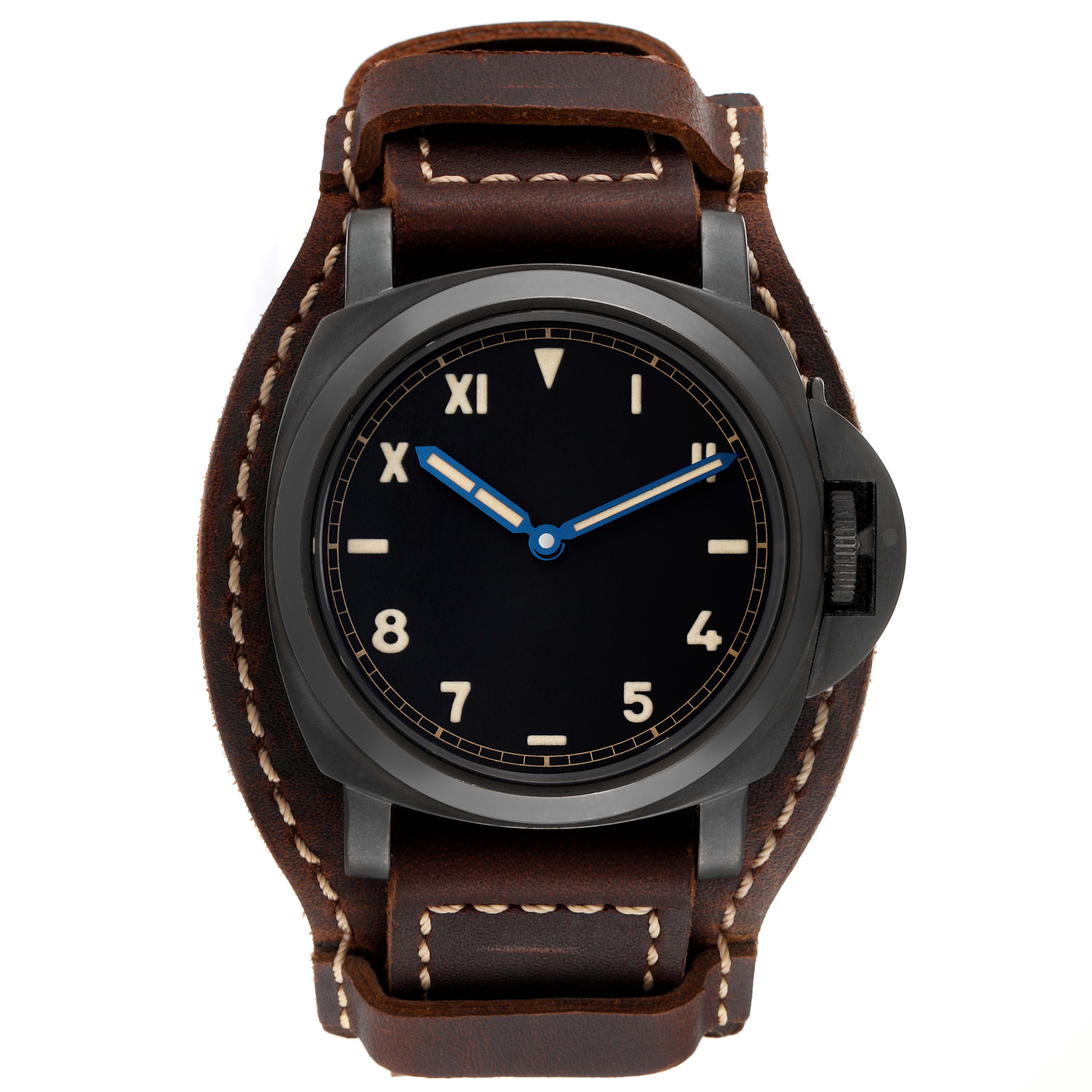 The watch is a Panerai Luminor PAM00779 Men
s Titanium Black Dial PAM00779 Men
s Titanium Black Dial model shown from the top, highlighting the dial, case, and brown leather strap.