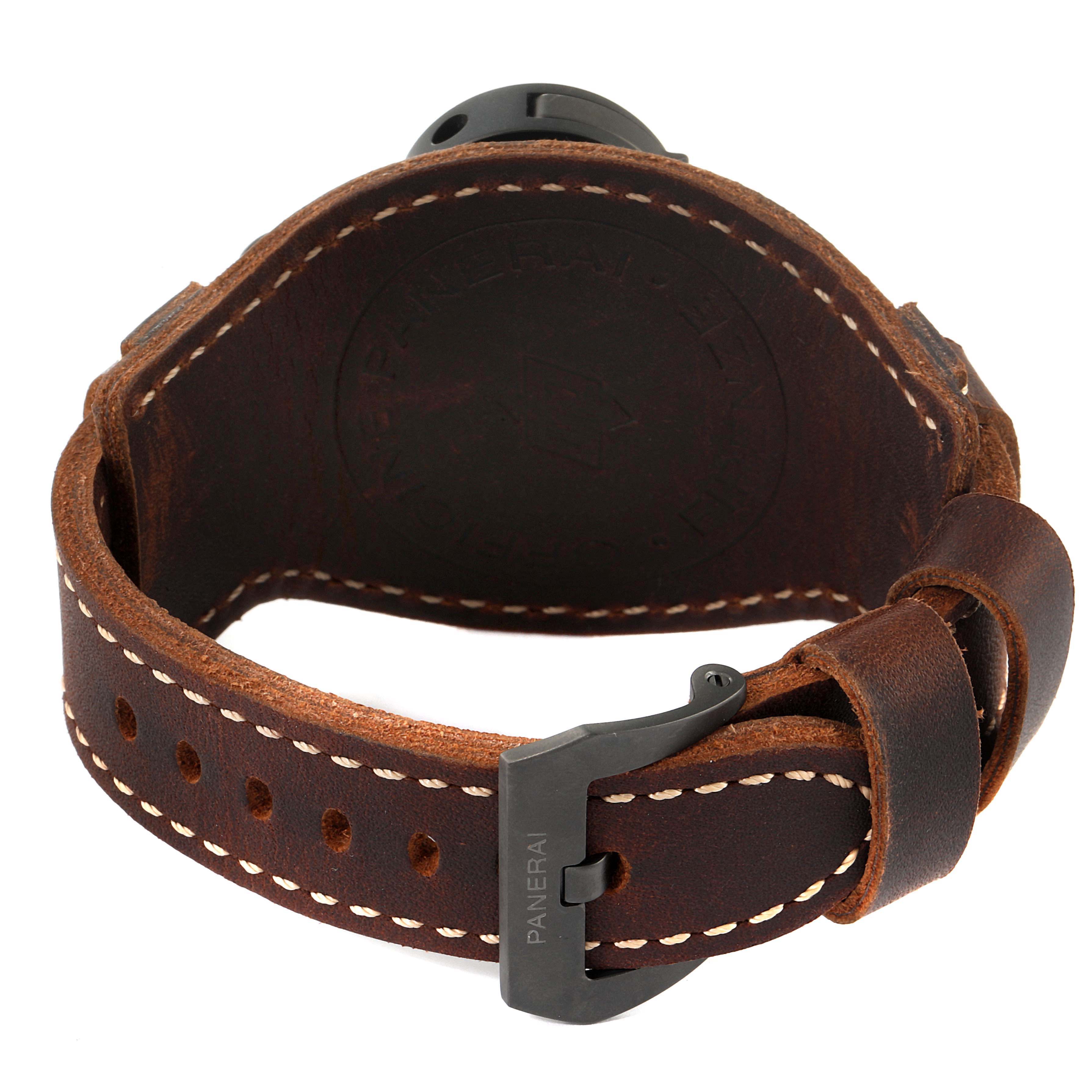 The image shows the back of a Panerai Luminor PAM00779 Men
s Titanium Black Dial PAM00779 Men
s Titanium Black Dial watch, highlighting the leather strap and buckle.