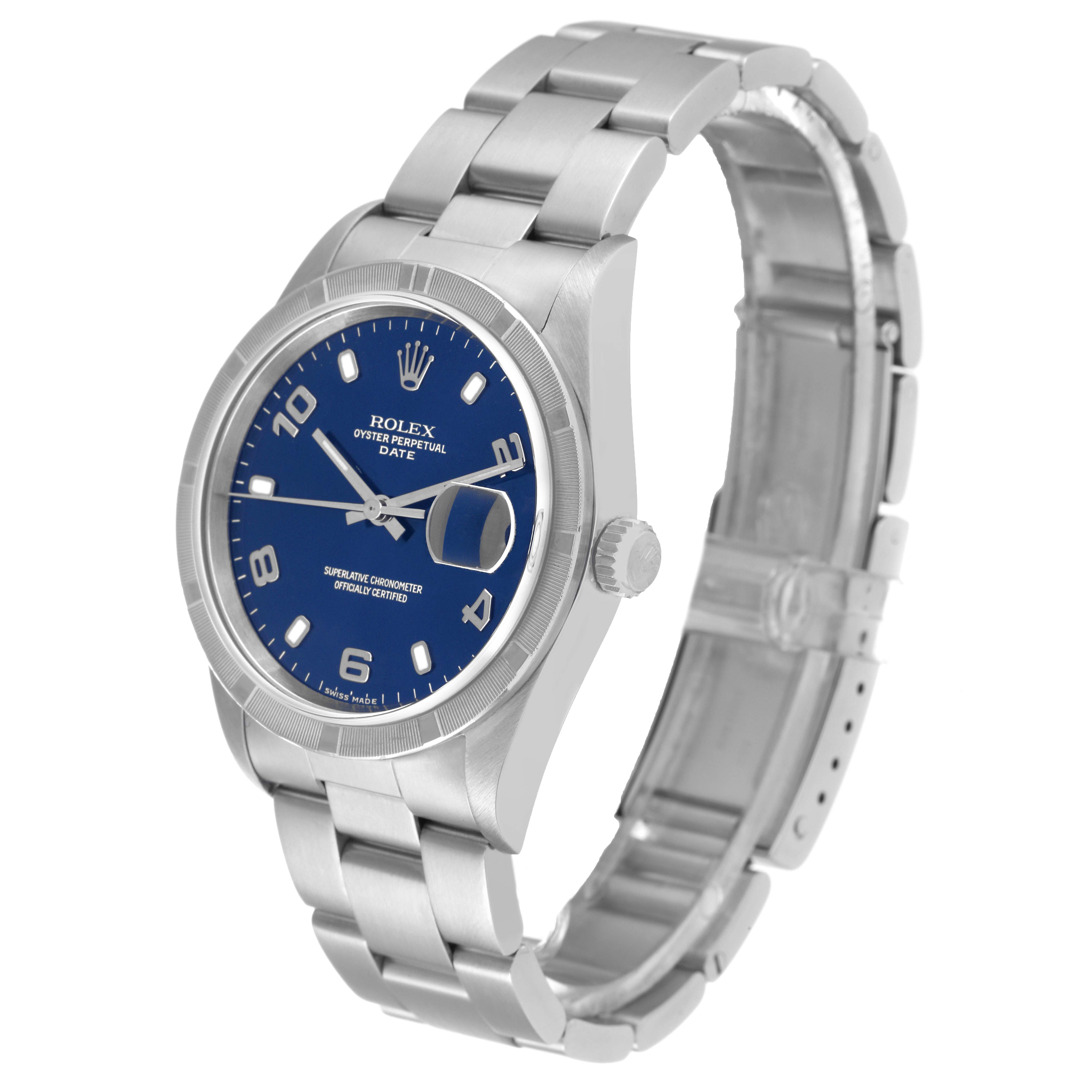 This image shows a Rolex Date 15210 Men's Stainless Steel Blue Dial 15210 Men's Stainless Steel Blue Dial model watch at a slight angle, displaying the blue dial and stainless steel bracelet.