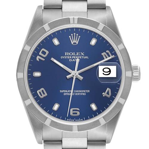Photo of Rolex Date Blue Dial Engine Turned Bezel Steel Mens Watch 15210 Box Papers