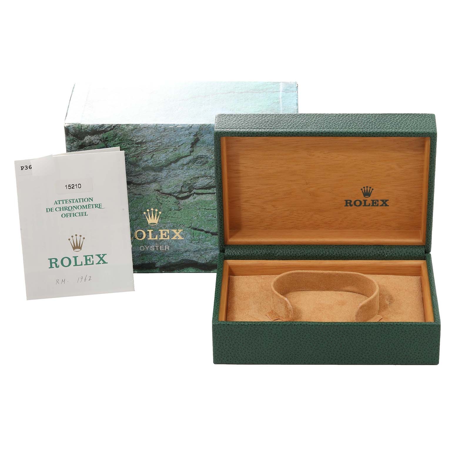 This image shows an empty Rolex Date 15210 Men's Stainless Steel Blue Dial 15210 Men's Stainless Steel Blue Dial model watch box with a Rolex certificate, viewed from the top.