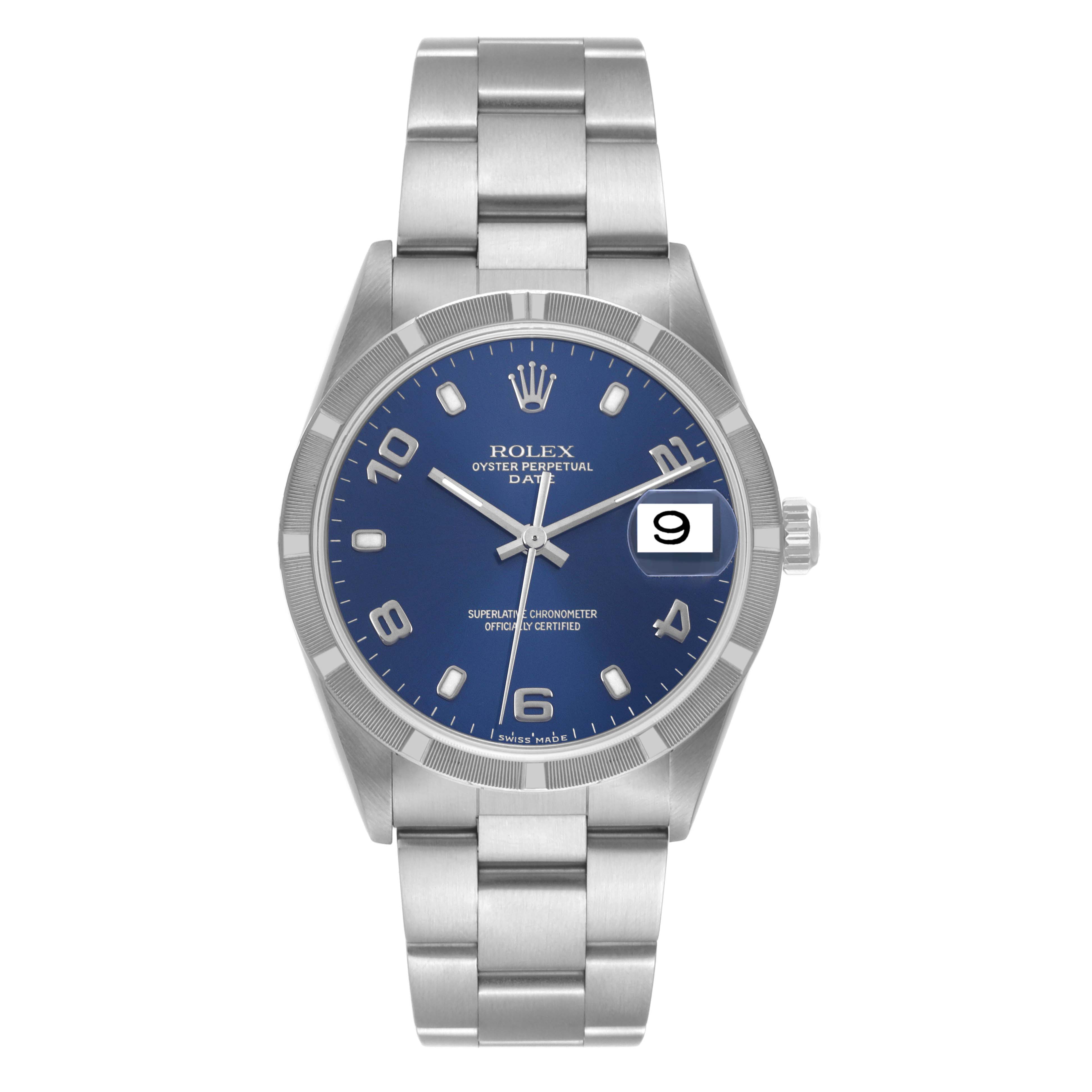 This image shows a front view of a Rolex Date 15210 Men's Stainless Steel Blue Dial 15210 Men's Stainless Steel Blue Dial model watch with a blue dial and stainless steel bracelet.