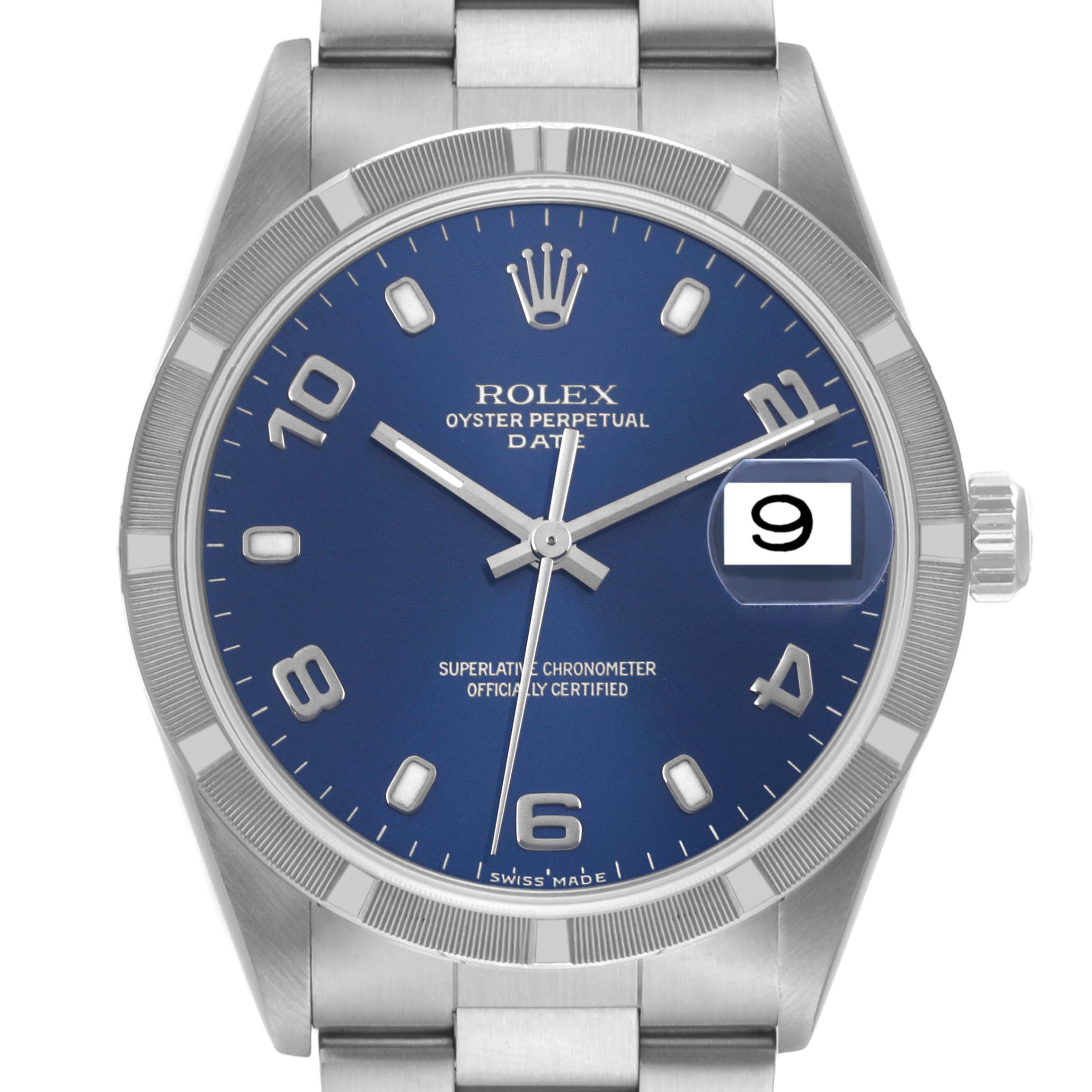 The image shows the front view of a Rolex Oyster Perpetual Date watch, highlighting its blue dial and date window.