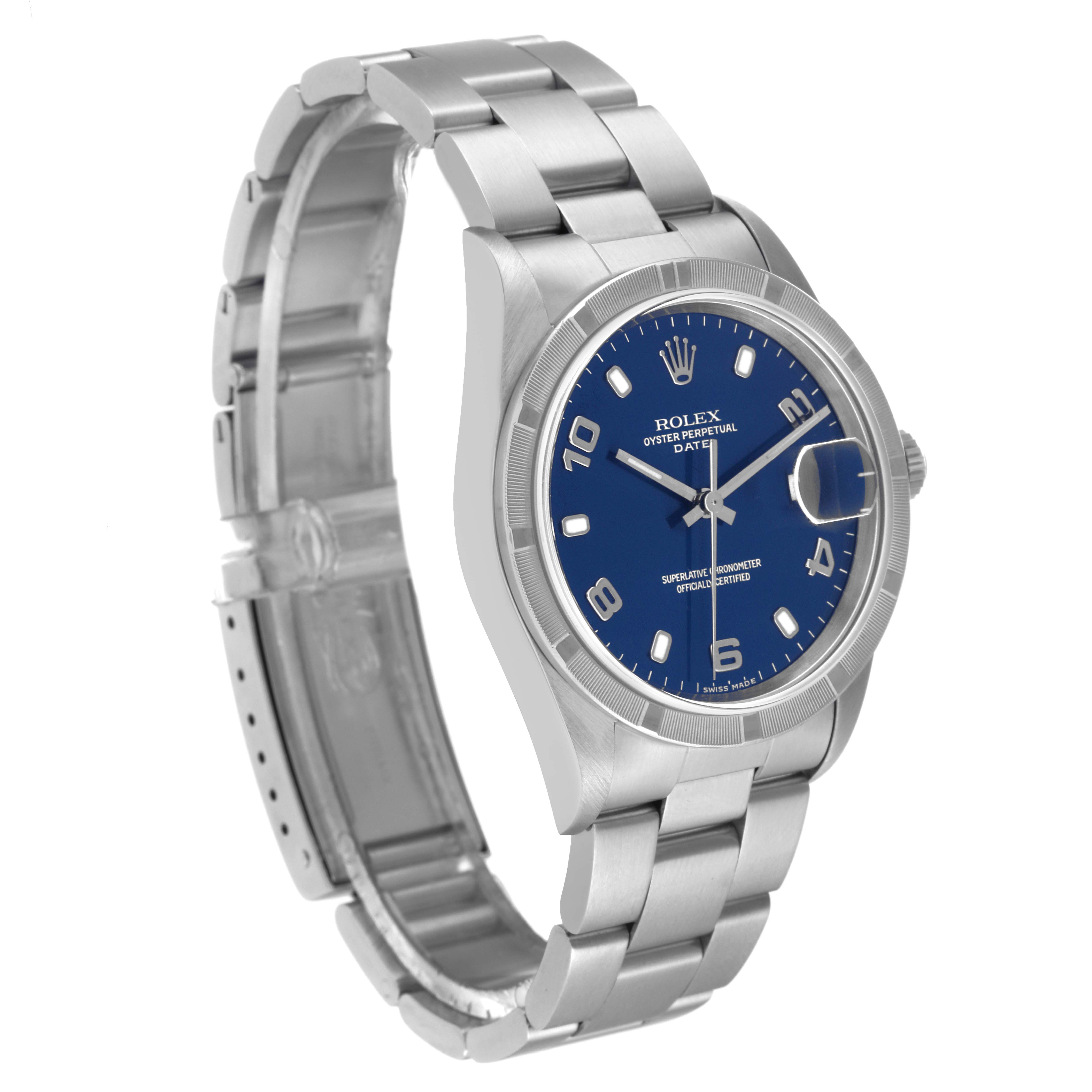 This image shows a Rolex Date 15210 Men's Stainless Steel Blue Dial 15210 Men's Stainless Steel Blue Dial model watch from a left-side angle, displaying the strap, blue dial, and partially open clasp.
