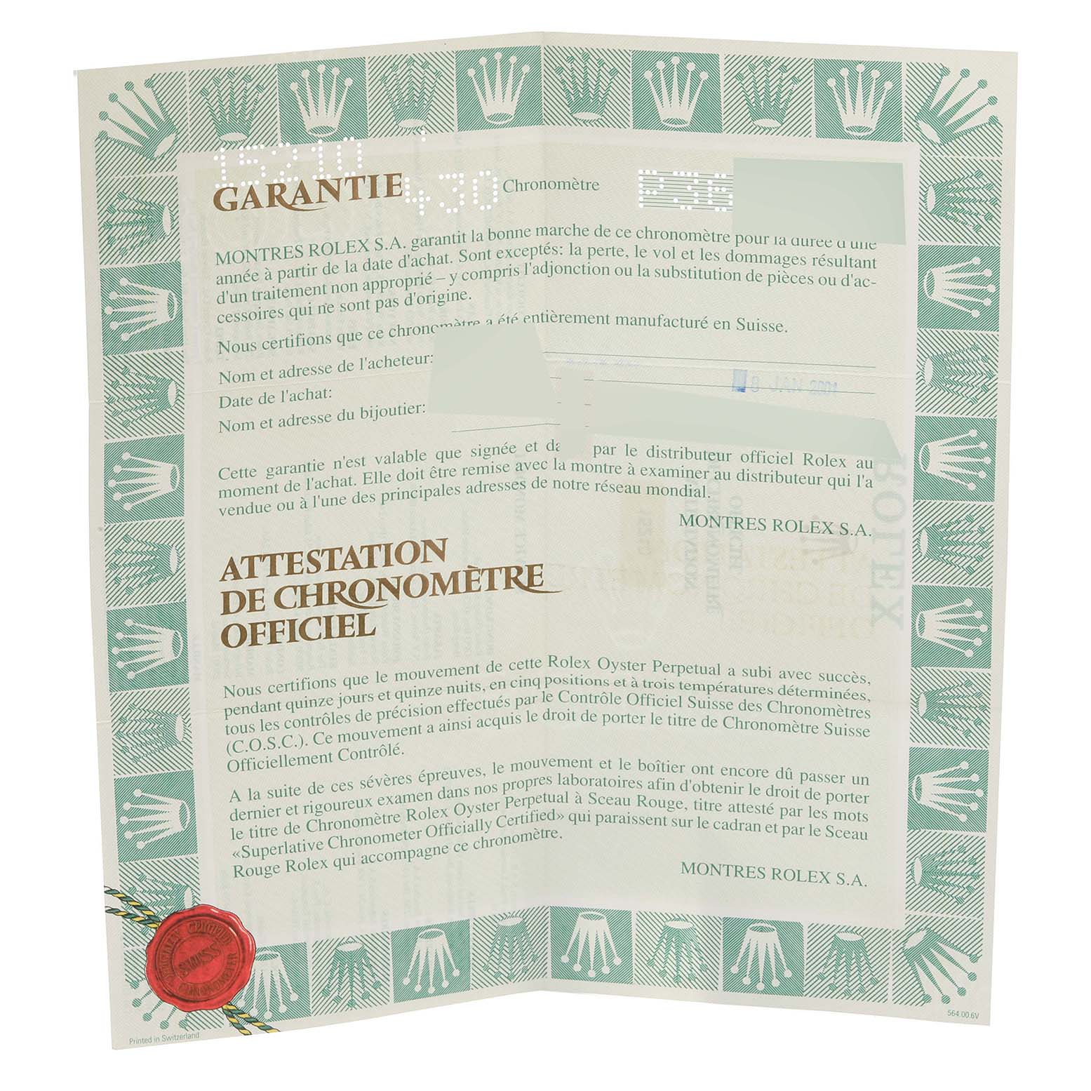 This image shows the warranty card and certificate of authenticity for a Rolex Date 15210 Men's Stainless Steel Blue Dial 15210 Men's Stainless Steel Blue Dial model watch.