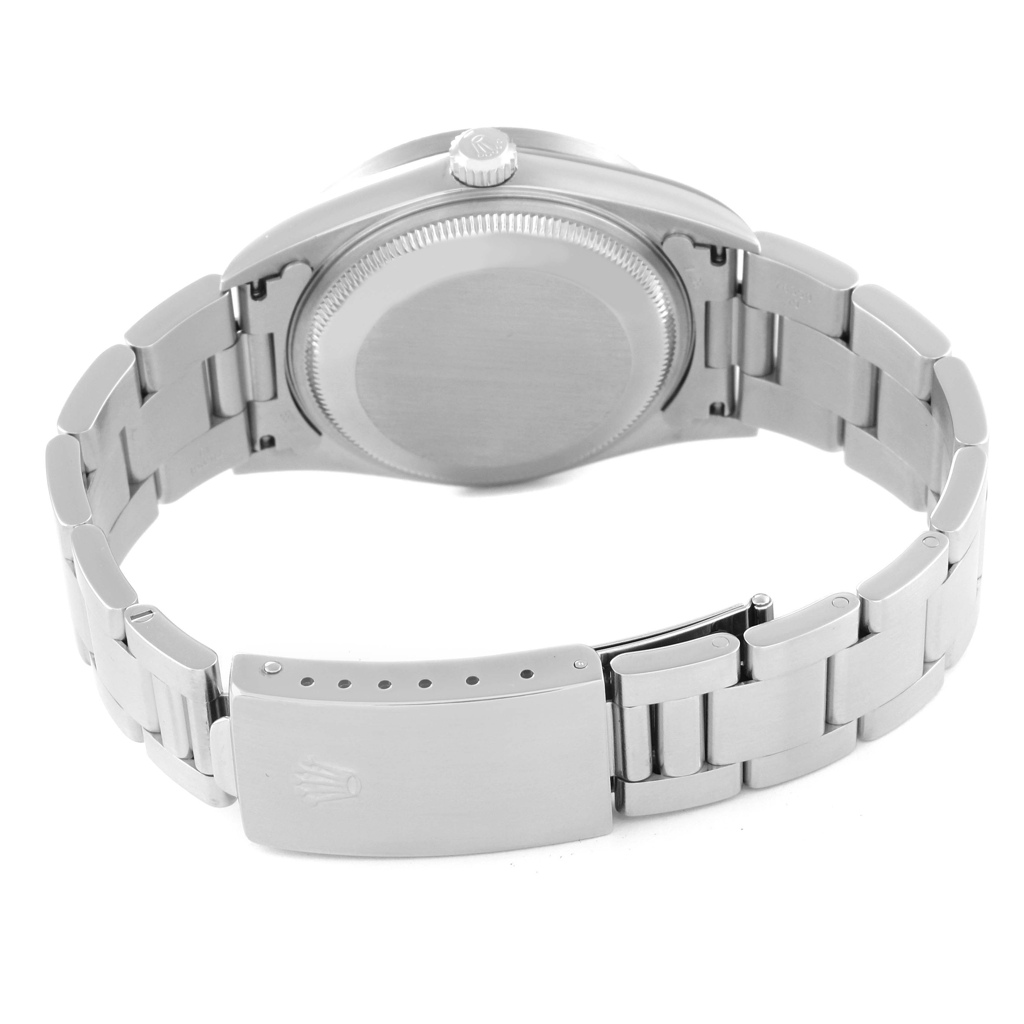 The image shows the back and bracelet clasp of a Rolex Date 15210 Men's Stainless Steel Blue Dial 15210 Men's Stainless Steel Blue Dial model watch, viewed from a rear angle.