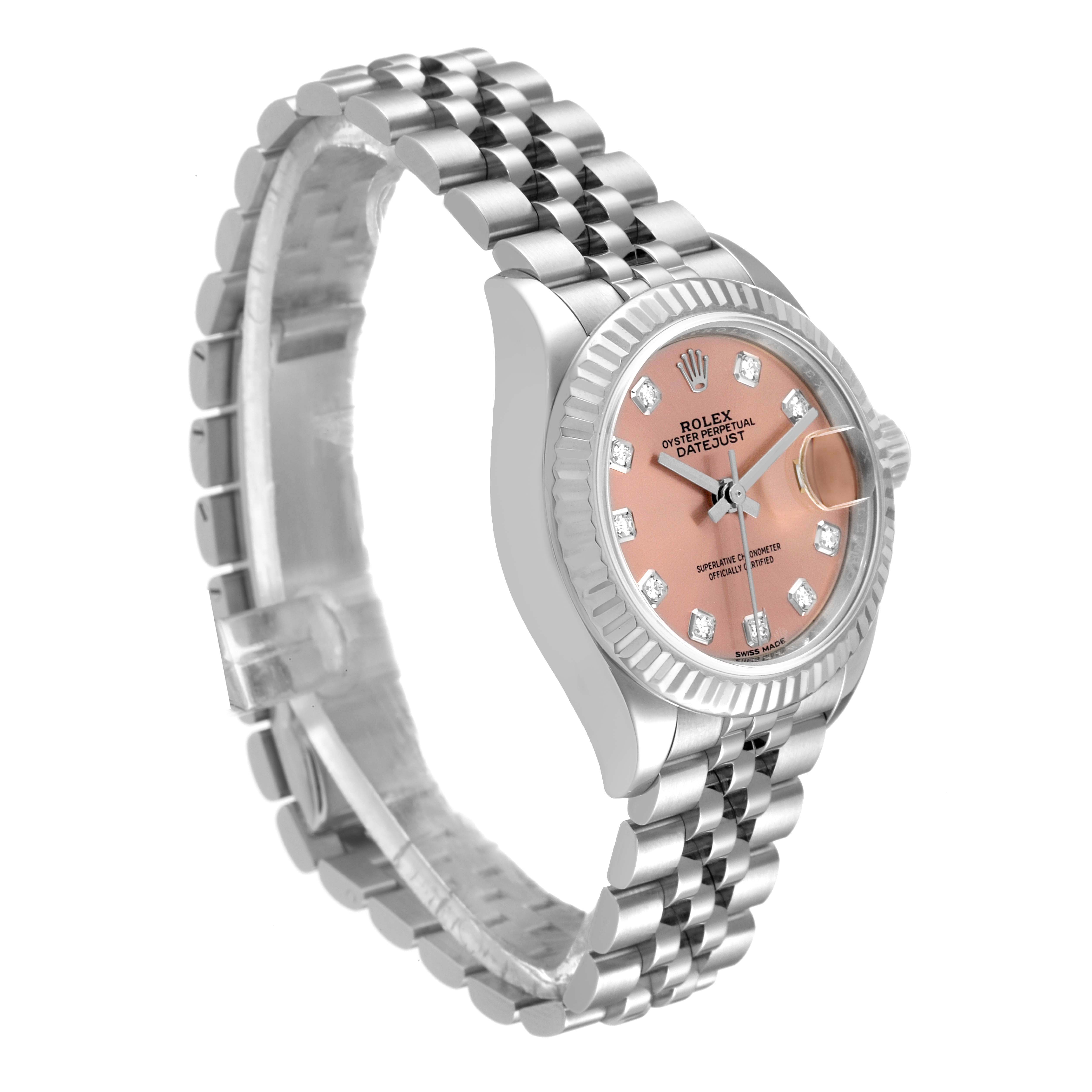 The image shows a Rolex Datejust 279174 Women's Stainless Steel Pink Dial 279174 Women's Stainless Steel Pink Dial watch at a three-quarter angle, highlighting the face, bezel, and bracelet.