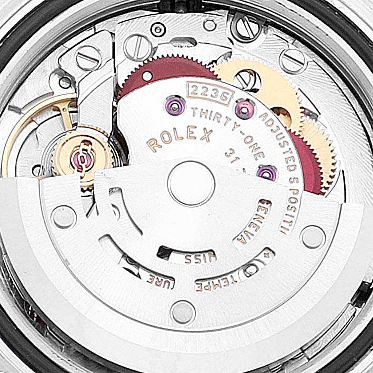 This image shows the movement and internal mechanisms of a Rolex Datejust 279174 Women's Stainless Steel Pink Dial 279174 Women's Stainless Steel Pink Dial watch from a close-up, top-down angle.