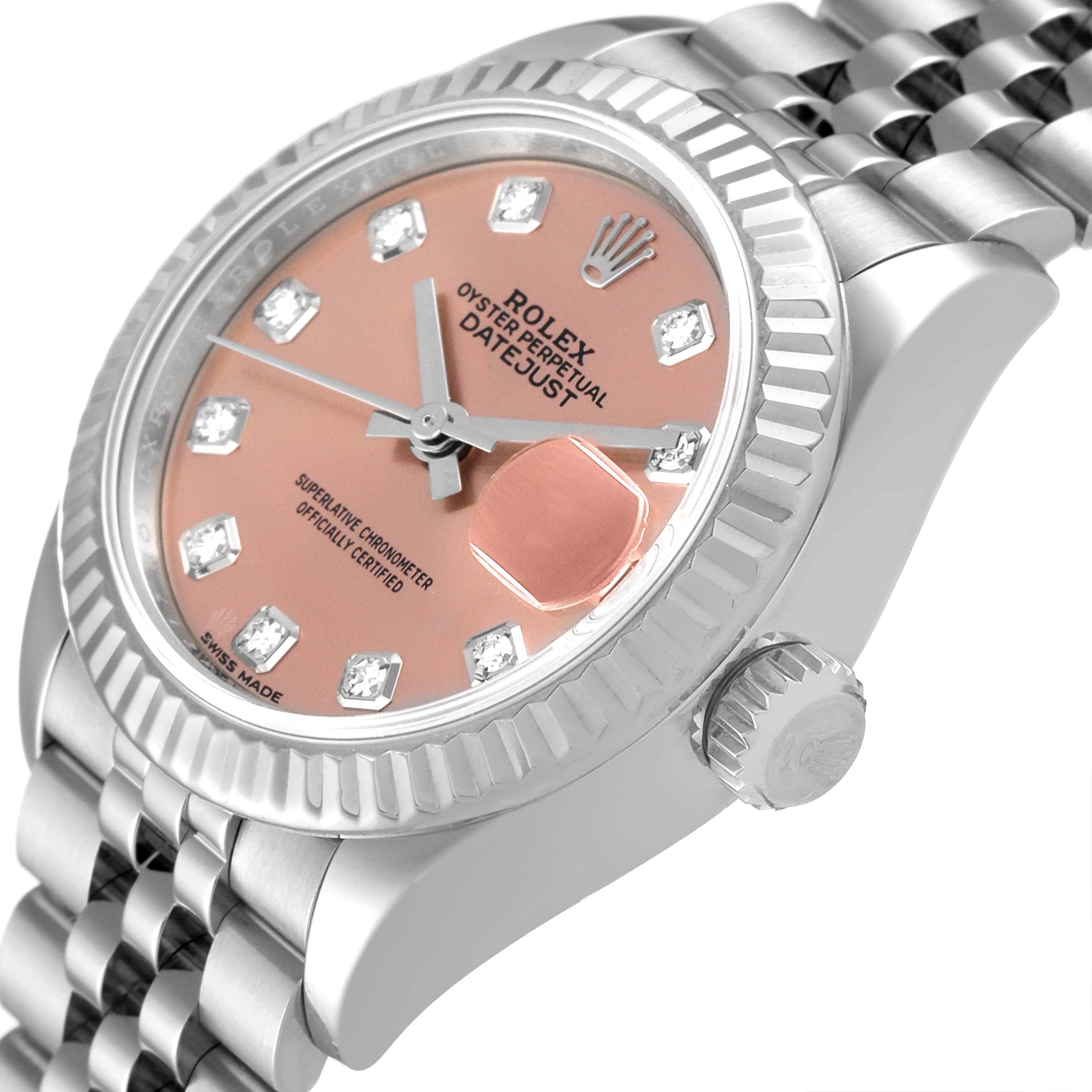 This Rolex Datejust 279174 Women's Stainless Steel Pink Dial 279174 Women's Stainless Steel Pink Dial watch is shown from an angled close-up, highlighting its dial, crown, and bracelet.