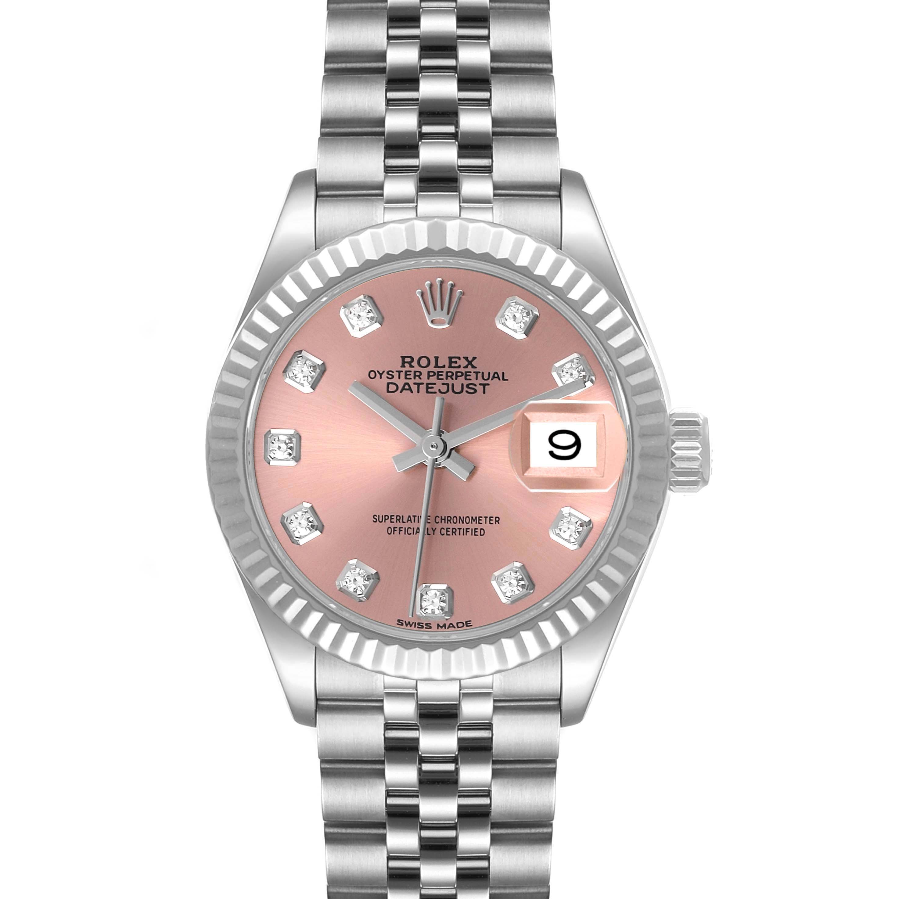 The image shows a Rolex Datejust 279174 Women's Stainless Steel Pink Dial 279174 Women's Stainless Steel Pink Dial watch with a pink dial, diamond hour markers, and a Jubilee bracelet, viewed from the front.