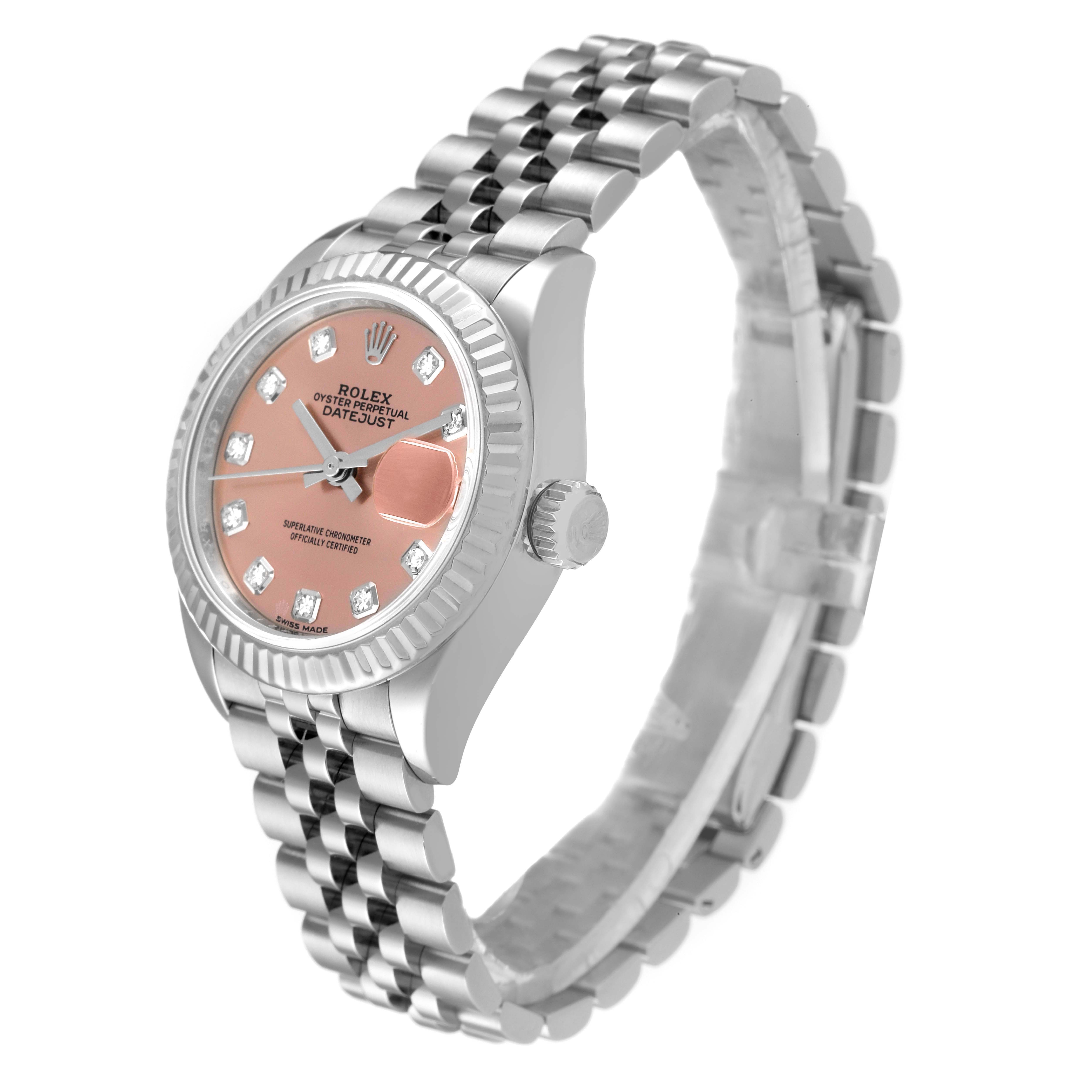 The Rolex Datejust 279174 Women's Stainless Steel Pink Dial 279174 Women's Stainless Steel Pink Dial watch is shown at a three-quarter angle, highlighting the pink dial, diamond hour markers, and jubilee bracelet.