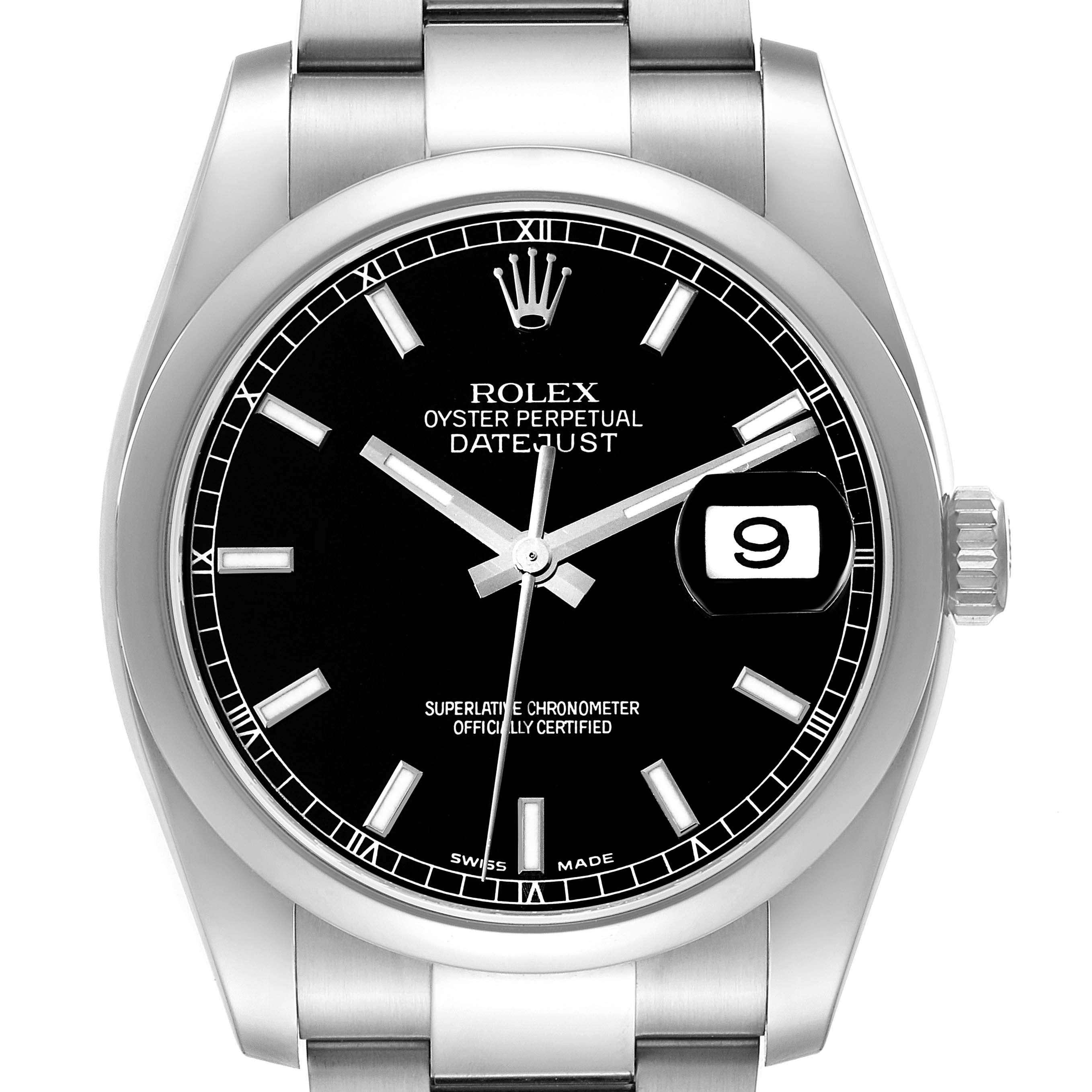The Rolex Datejust 116200 Men
s Stainless Steel Black Dial 116200 Men
s Stainless Steel Black Dial watch is shown from a front angle, highlighting the dial, hands, date window, and bracelet.