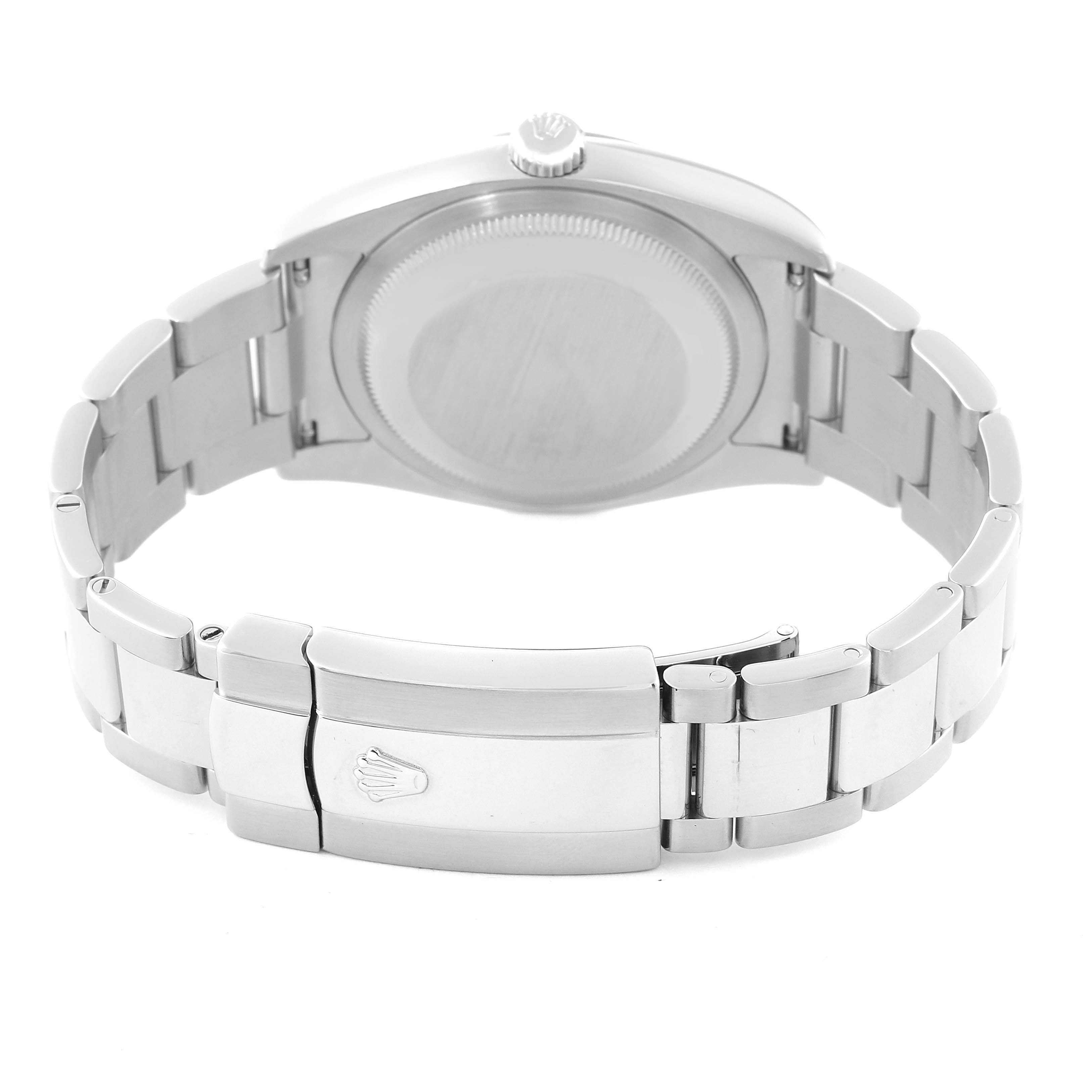 The image shows the back of a Rolex Datejust 116200 Men
s Stainless Steel Black Dial 116200 Men
s Stainless Steel Black Dial watch, highlighting its bracelet and clasp.