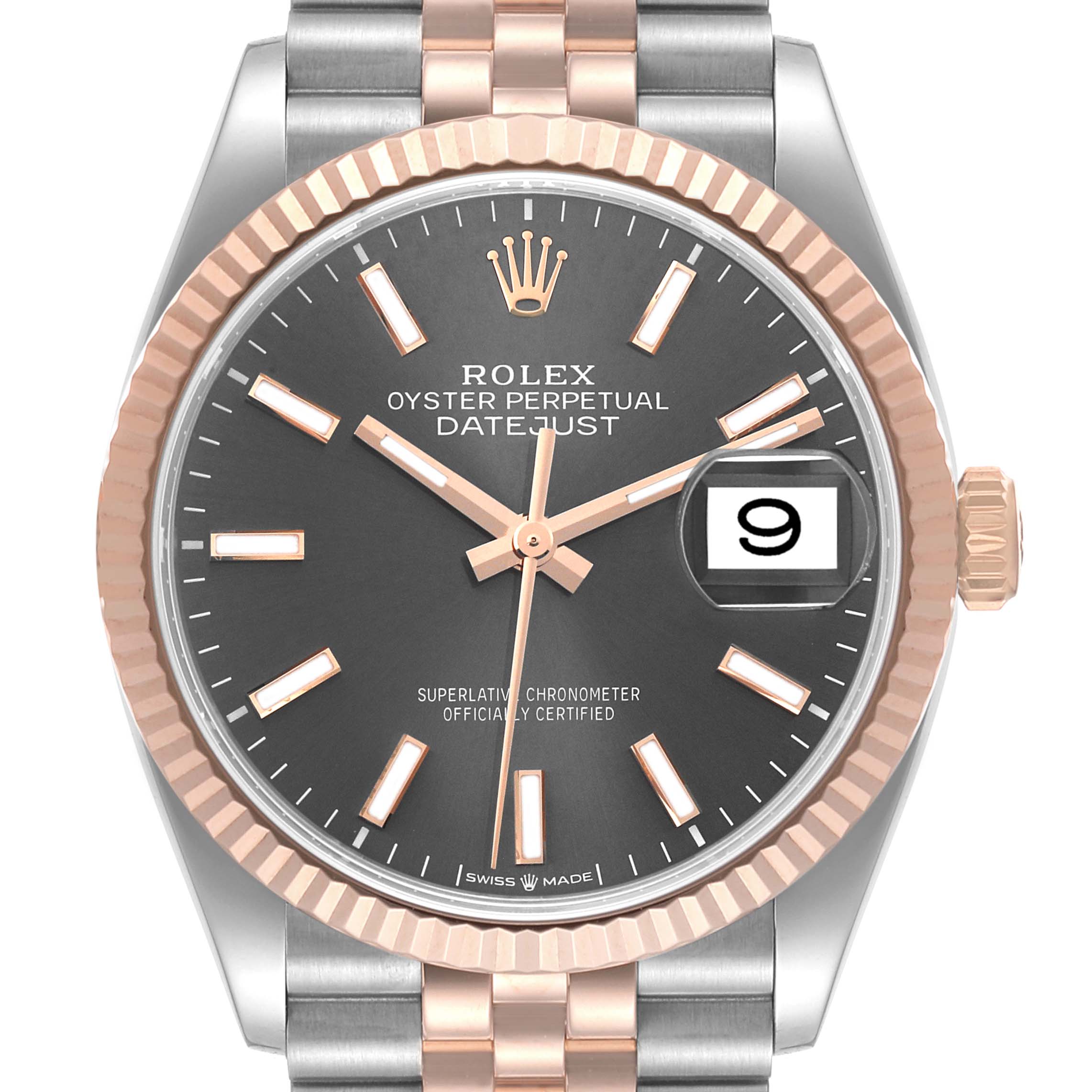 This image shows a front view of the Rolex Datejust 126231 Men's Steel and Gold (two tone) Grey Dial 126231 Men's Steel and Gold (two tone) Grey Dial watch, displaying its face, bezel, and partial bracelet.