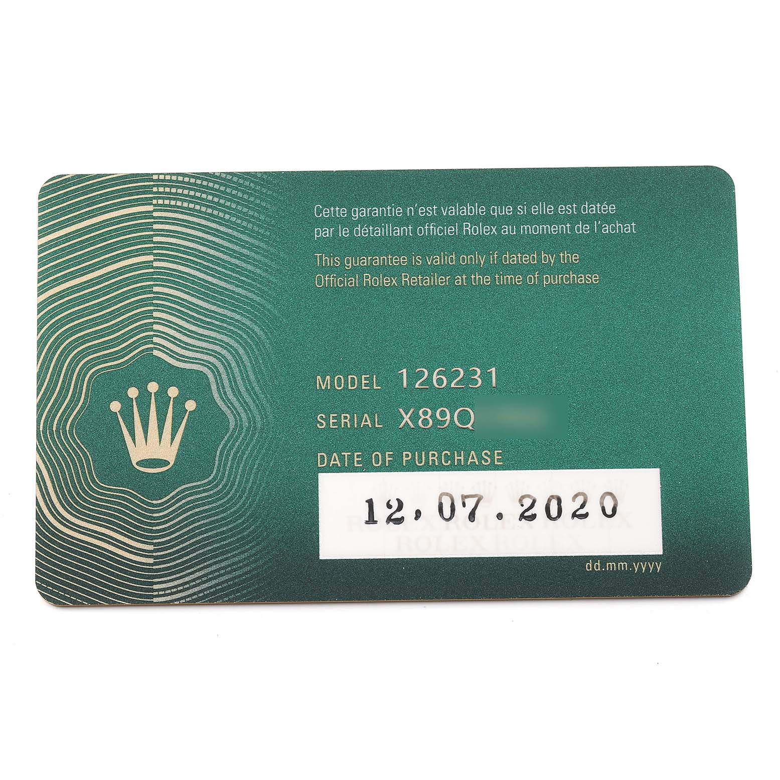 This image shows the warranty card for a Datejust model by Rolex, including the model and serial number, as well as the purchase date.