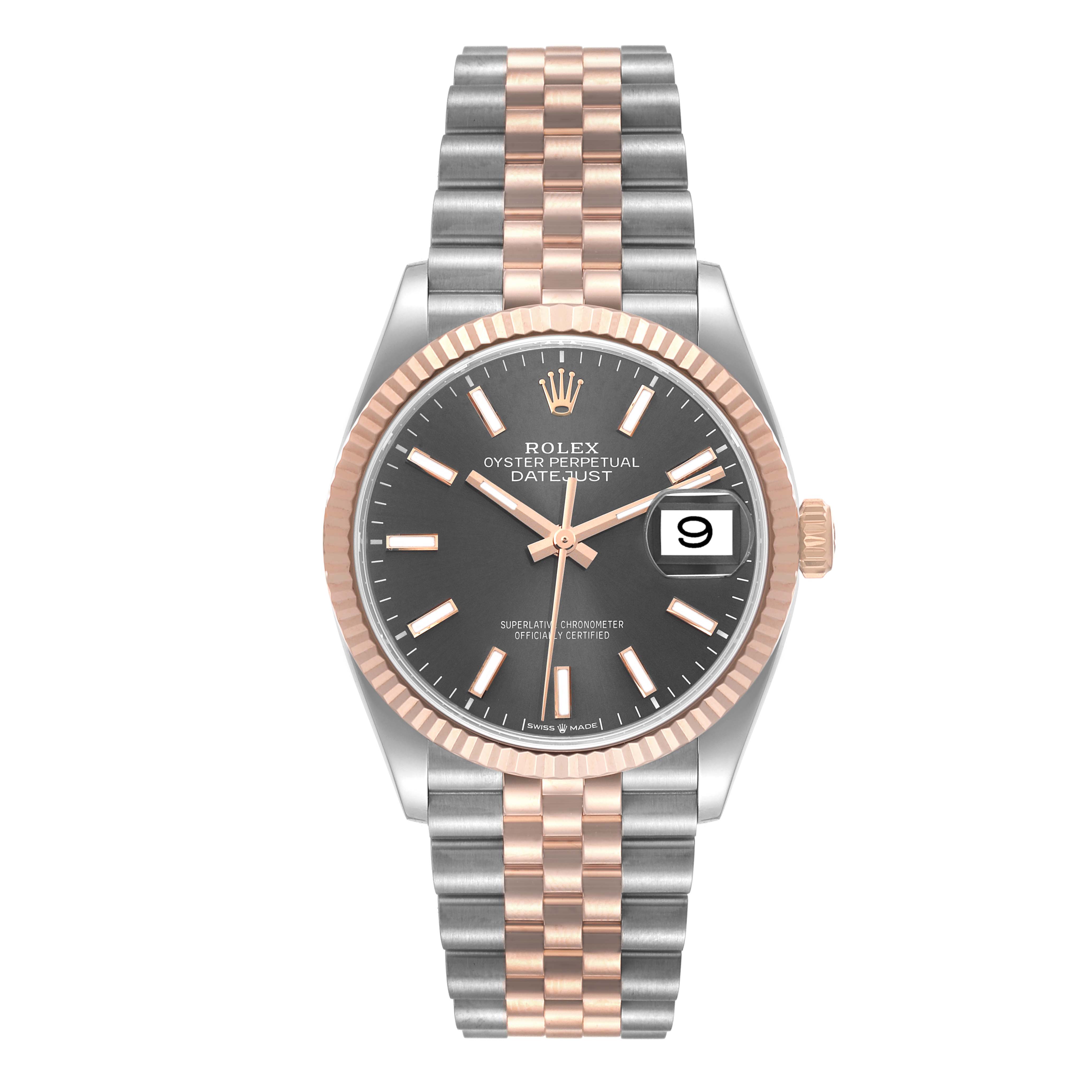 The Rolex Datejust 126231 Men's Steel and Gold (two tone) Grey Dial 126231 Men's Steel and Gold (two tone) Grey Dial watch is shown from a front angle, displaying its face, hands, date window, and two-tone bracelet.