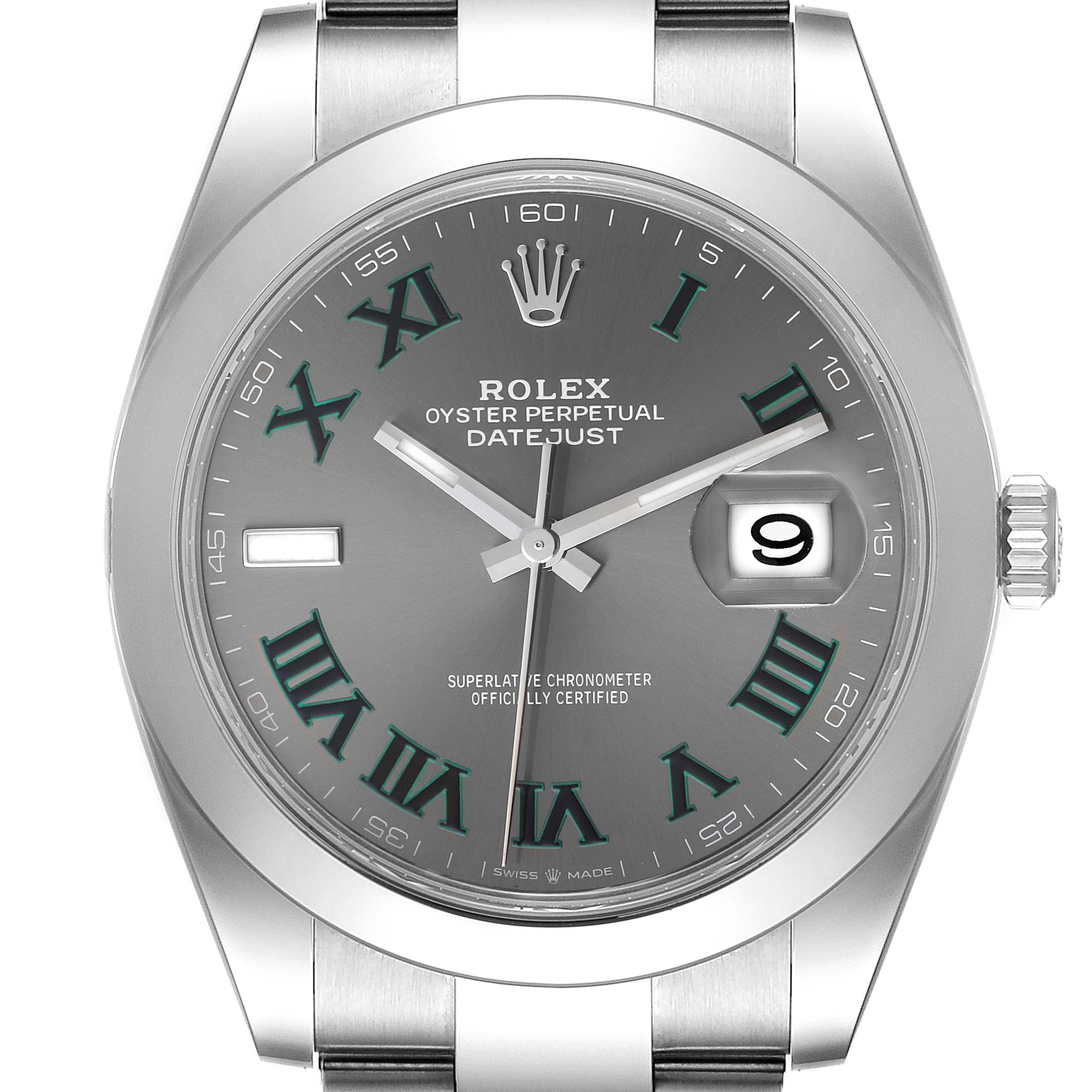 The image shows a front view of the dial and part of the bracelet of a Rolex Datejust 41 126300 Men's Stainless Steel Grey Dial 126300 Men's Stainless Steel Grey Dial watch.
