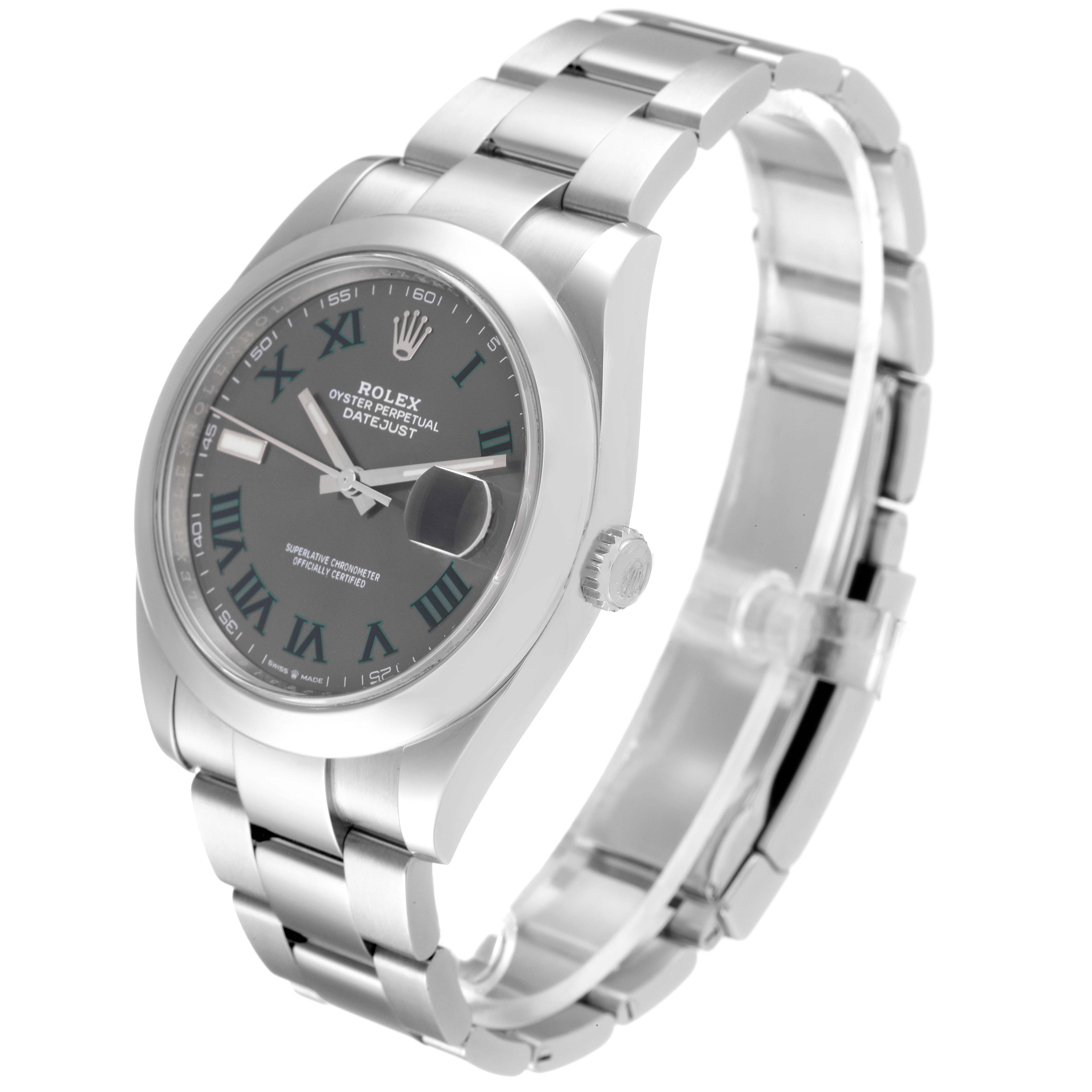 The image shows a Rolex Datejust 41 126300 Men's Stainless Steel Grey Dial 126300 Men's Stainless Steel Grey Dial watch from a three-quarter angle, highlighting the dial, bezel, case, and bracelet.
