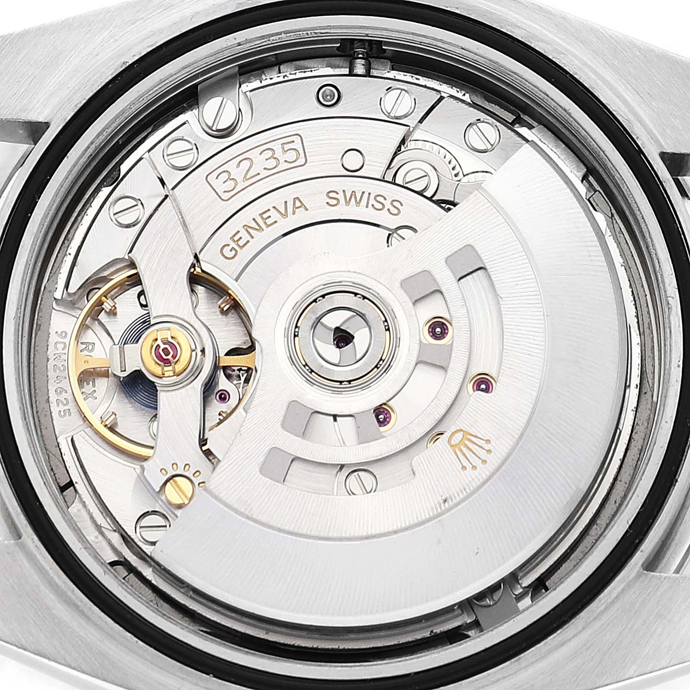 The image shows the movement mechanism of the Rolex Datejust 41 126300 Men's Stainless Steel Grey Dial 126300 Men's Stainless Steel Grey Dial watch from a close-up, rear angle.
