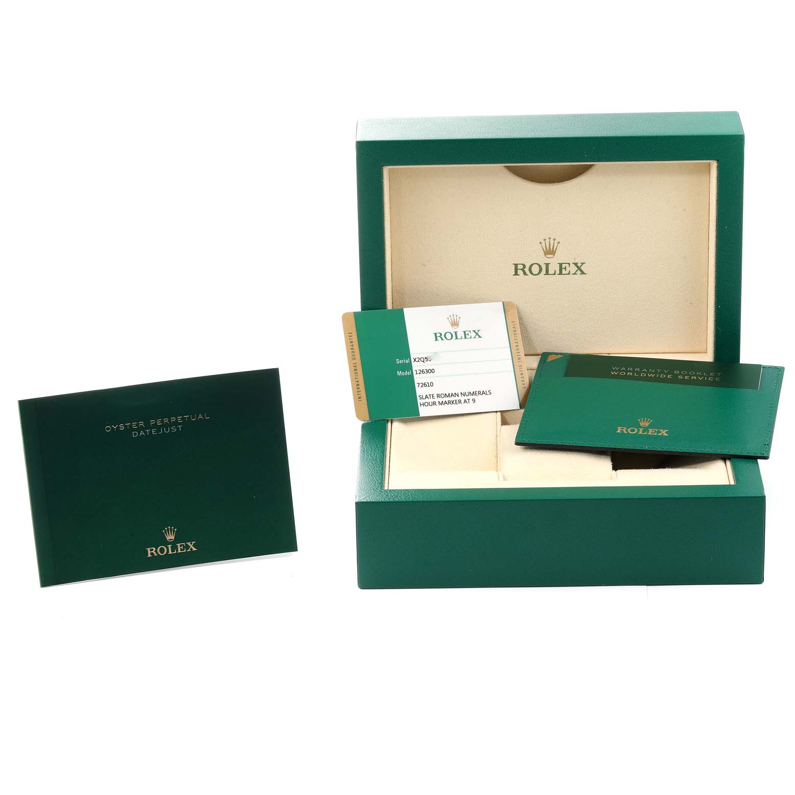 This image shows the packaging, warranty card, documentation, and box for a Rolex Datejust 41 126300 Men's Stainless Steel Grey Dial 126300 Men's Stainless Steel Grey Dial model.