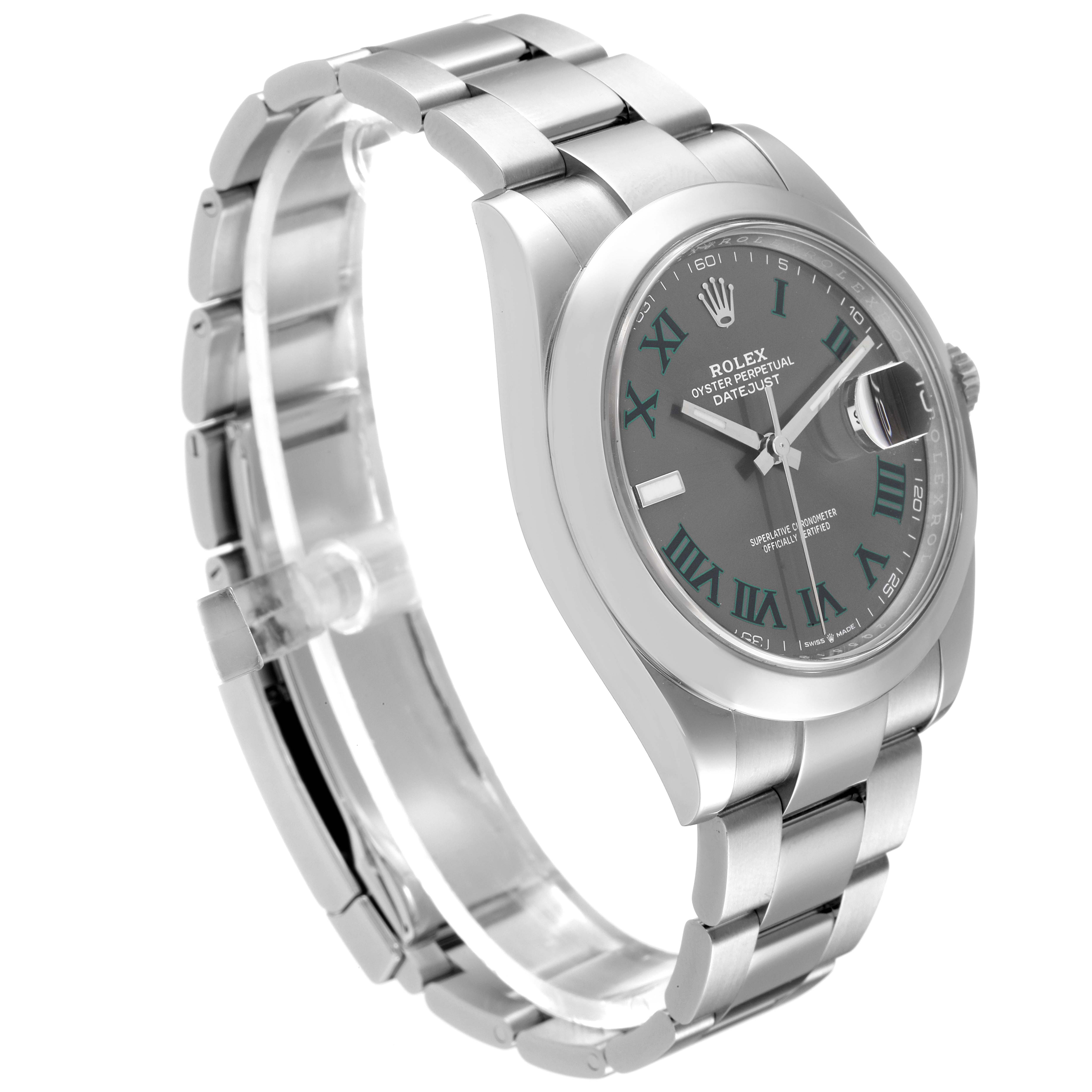 This image shows a side angle of the Rolex Datejust 41 126300 Men's Stainless Steel Grey Dial 126300 Men's Stainless Steel Grey Dial, featuring the watch face, bezel, and bracelet.