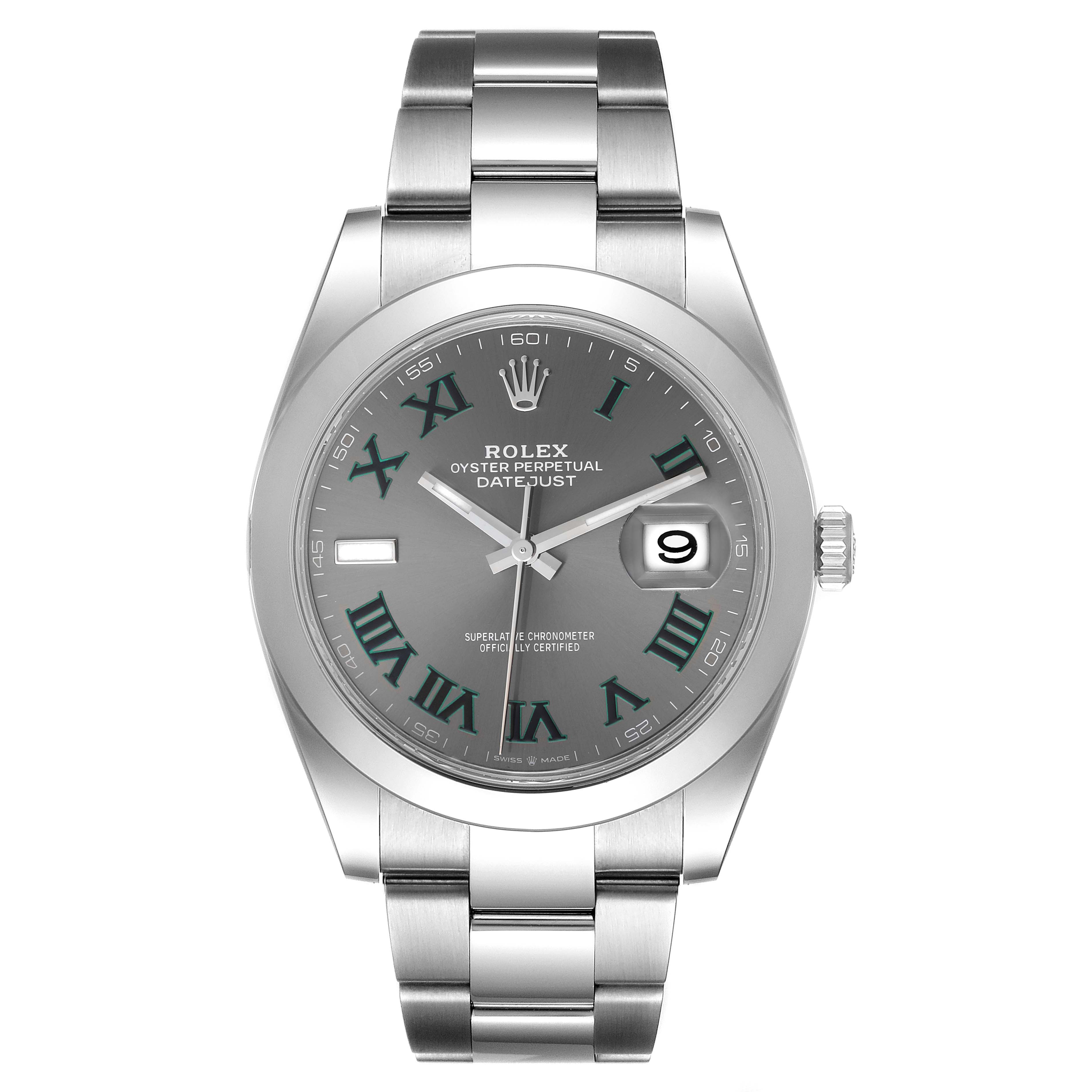 The Rolex Datejust 41 126300 Men's Stainless Steel Grey Dial 126300 Men's Stainless Steel Grey Dial watch is shown from a top-down angle, displaying the dial, bezel, and bracelet.