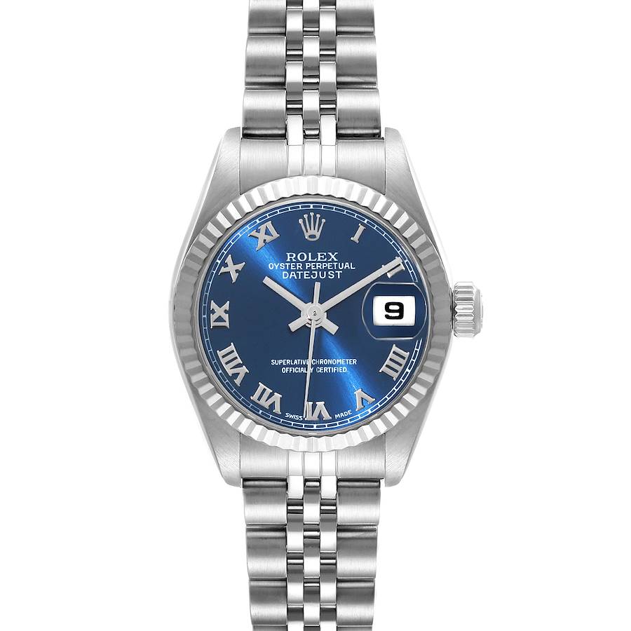 The Rolex Datejust is shown from a top view, displaying the blue dial, fluted bezel, jubilee bracelet, and date window at 3 o'clock.