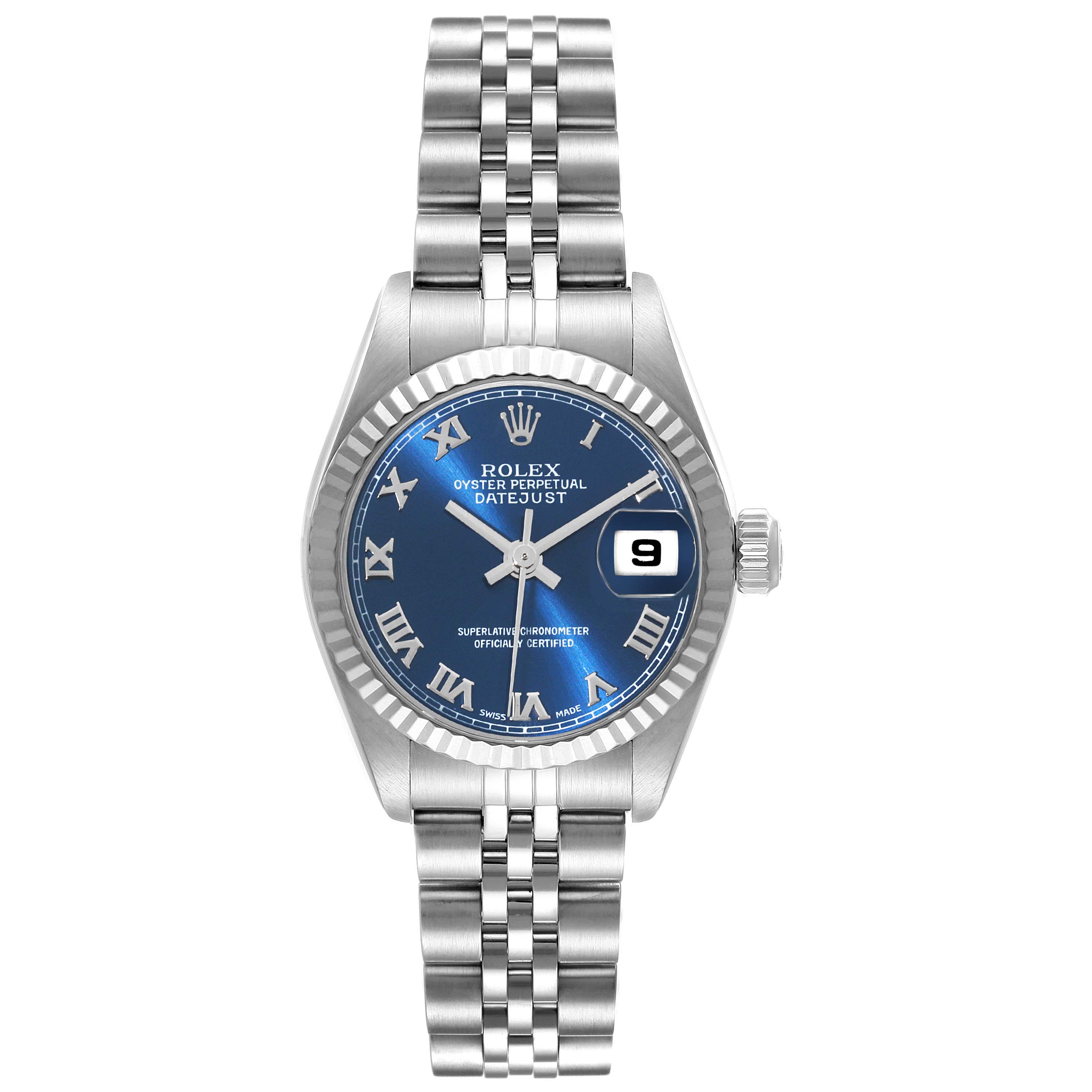 The Rolex Datejust 79174 Women
s Stainless Steel Blue Dial 79174 Women
s Stainless Steel Blue Dial watch is shown from a top-down angle, displaying the face, fluted bezel, bracelet, and crown.