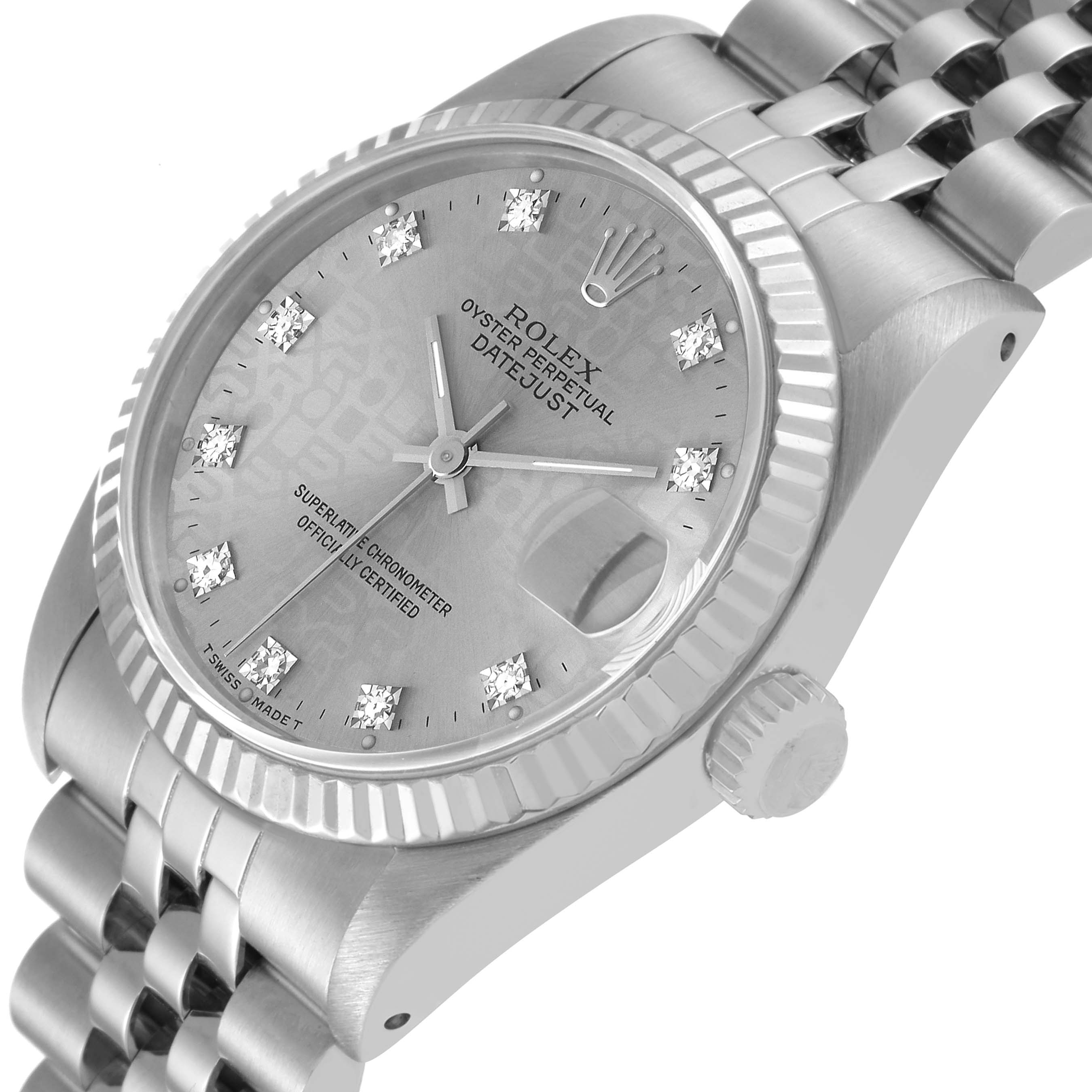 The image shows a Rolex Datejust Mid-Size watch from a front diagonal angle, highlighting the dial, bracelet, and crown.