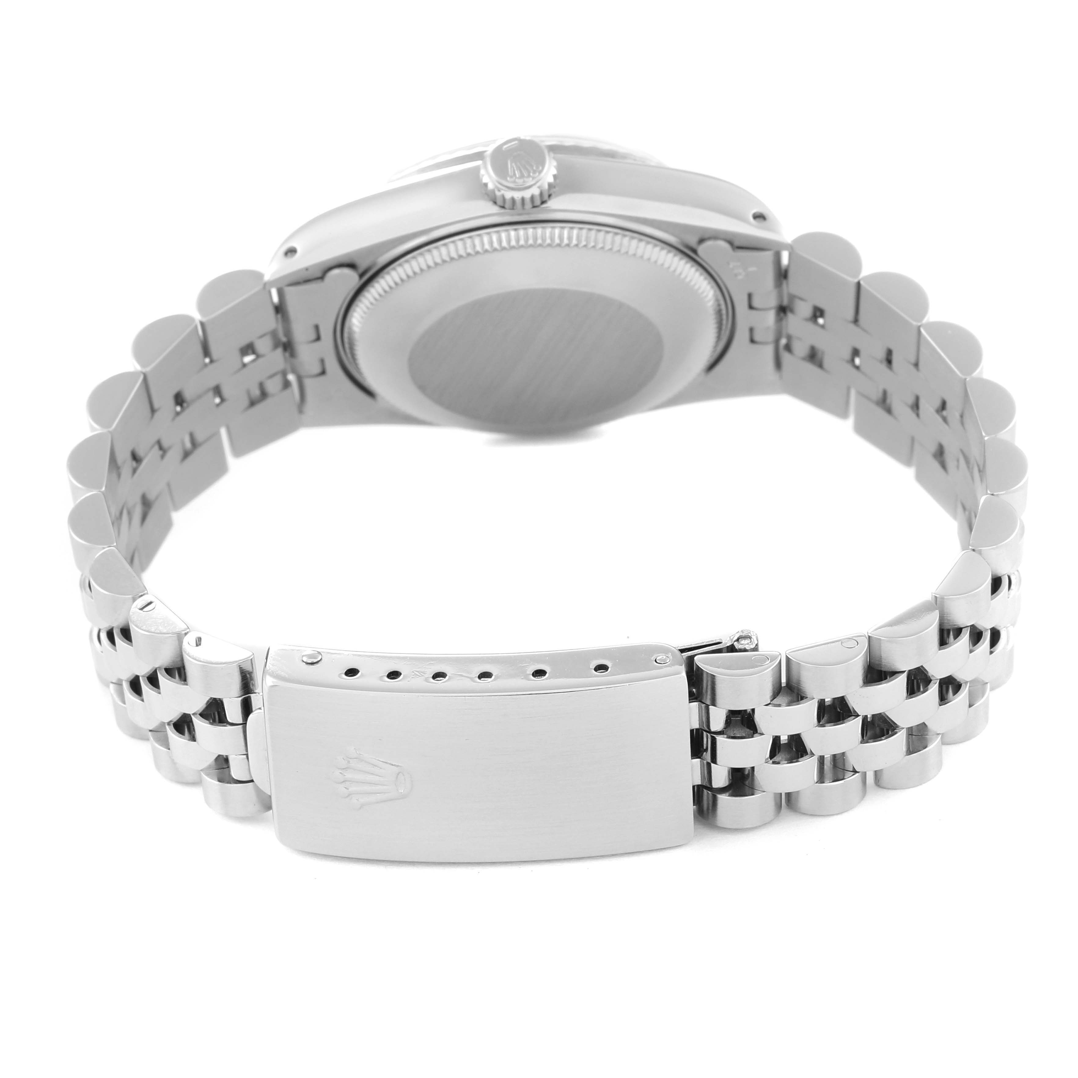 The image shows the back view of a Mid-Size Rolex watch, featuring the case back, crown, and bracelet with a clasp.