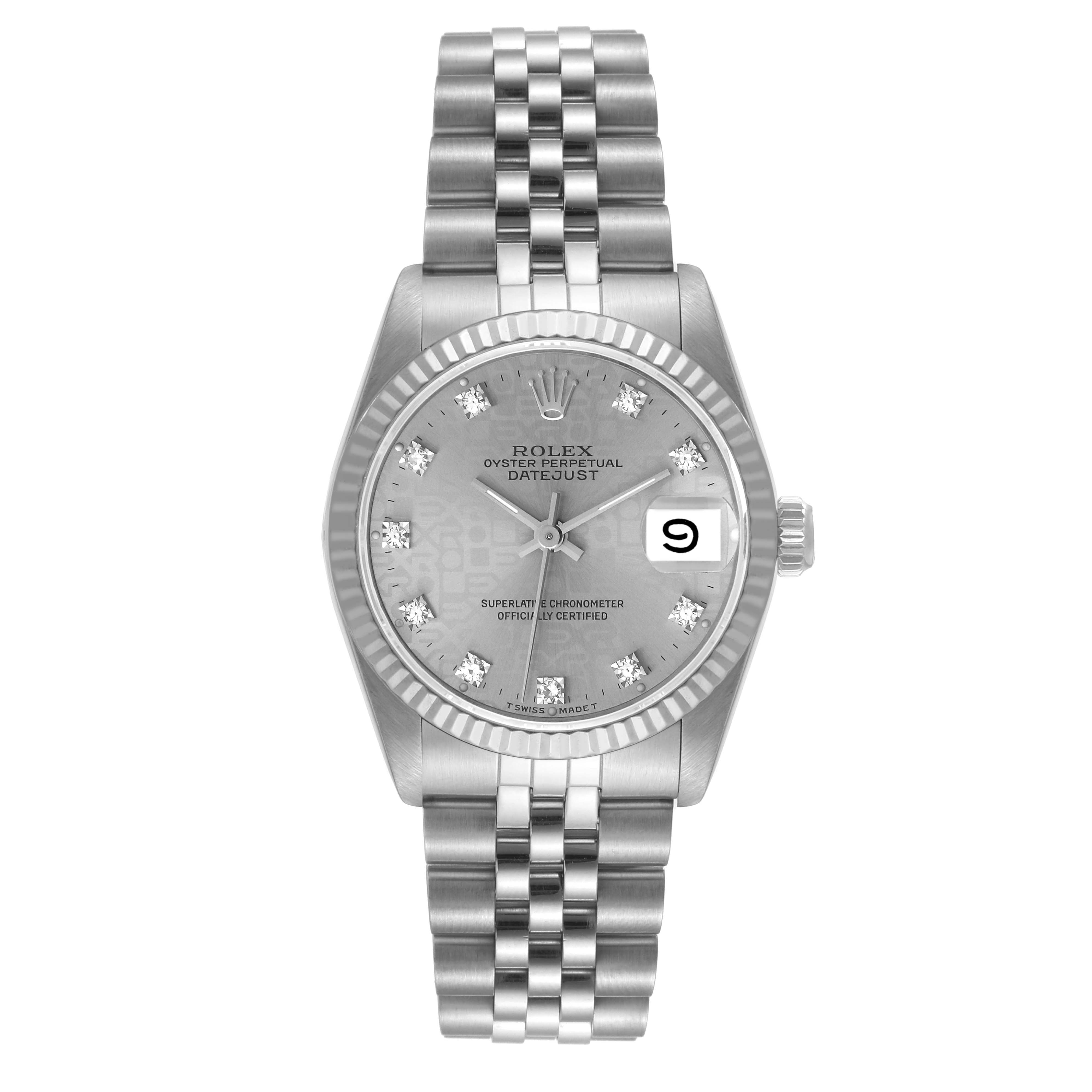 The image shows a front view of a Rolex Mid-Size 68274 Women's Stainless Steel Grey Dial 68274 Women's Stainless Steel Grey Dial Oyster Perpetual Datejust watch, featuring its dial and metal bracelet.