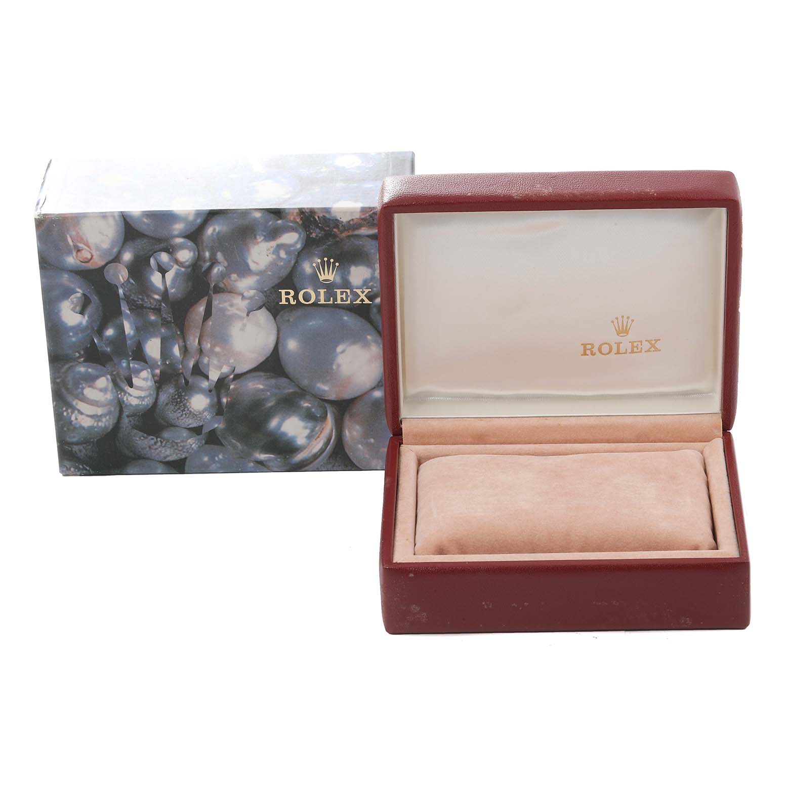 This image shows a Rolex Mid-Size 68274 Women's Stainless Steel Grey Dial 68274 Women's Stainless Steel Grey Dial model watch box and cushion from a frontal angle, with both the outer and inner boxes visible.