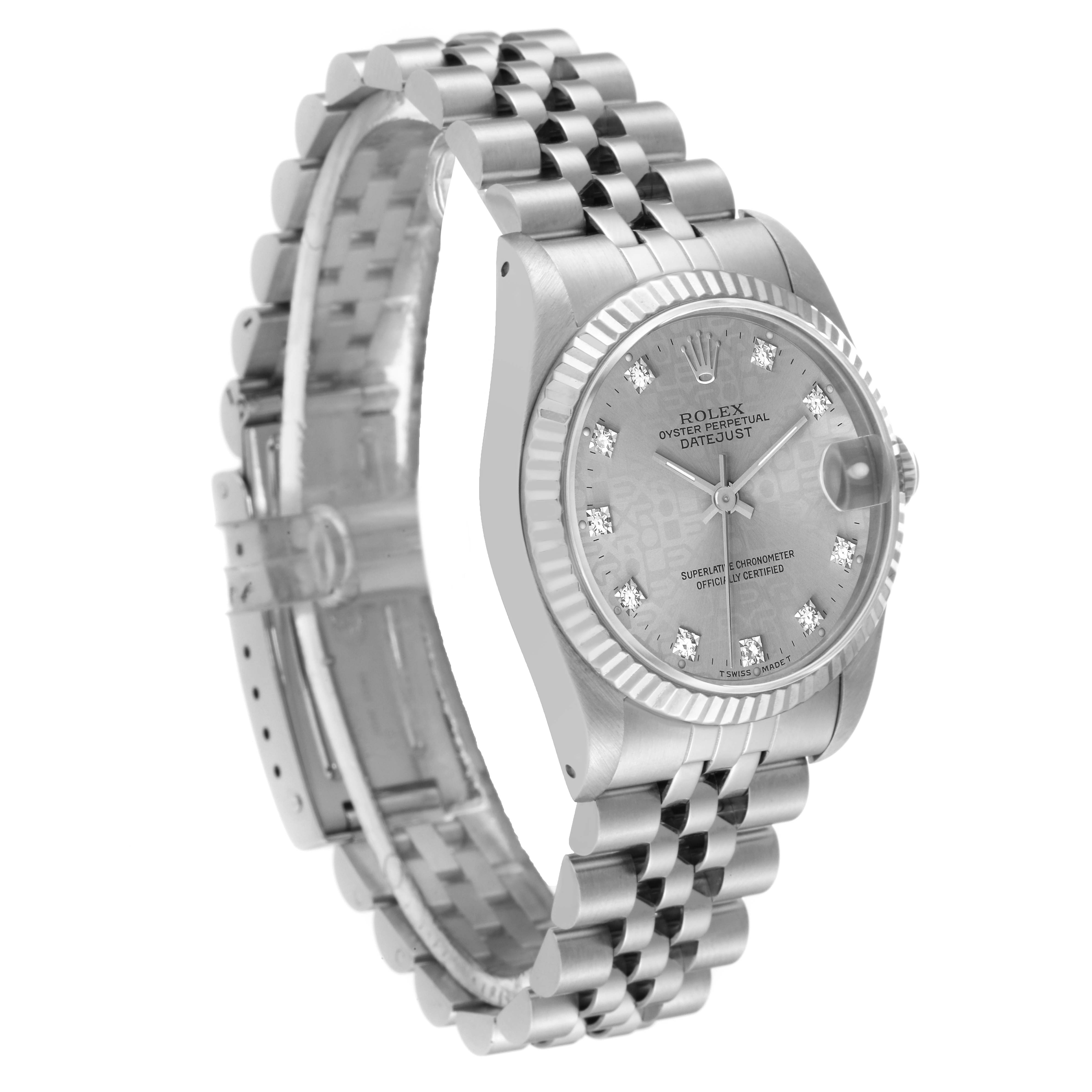 The image shows a side-angle view of a Rolex Mid-Size 68274 Women's Stainless Steel Grey Dial 68274 Women's Stainless Steel Grey Dial Oyster Perpetual Datejust, featuring the watch face and bracelet.