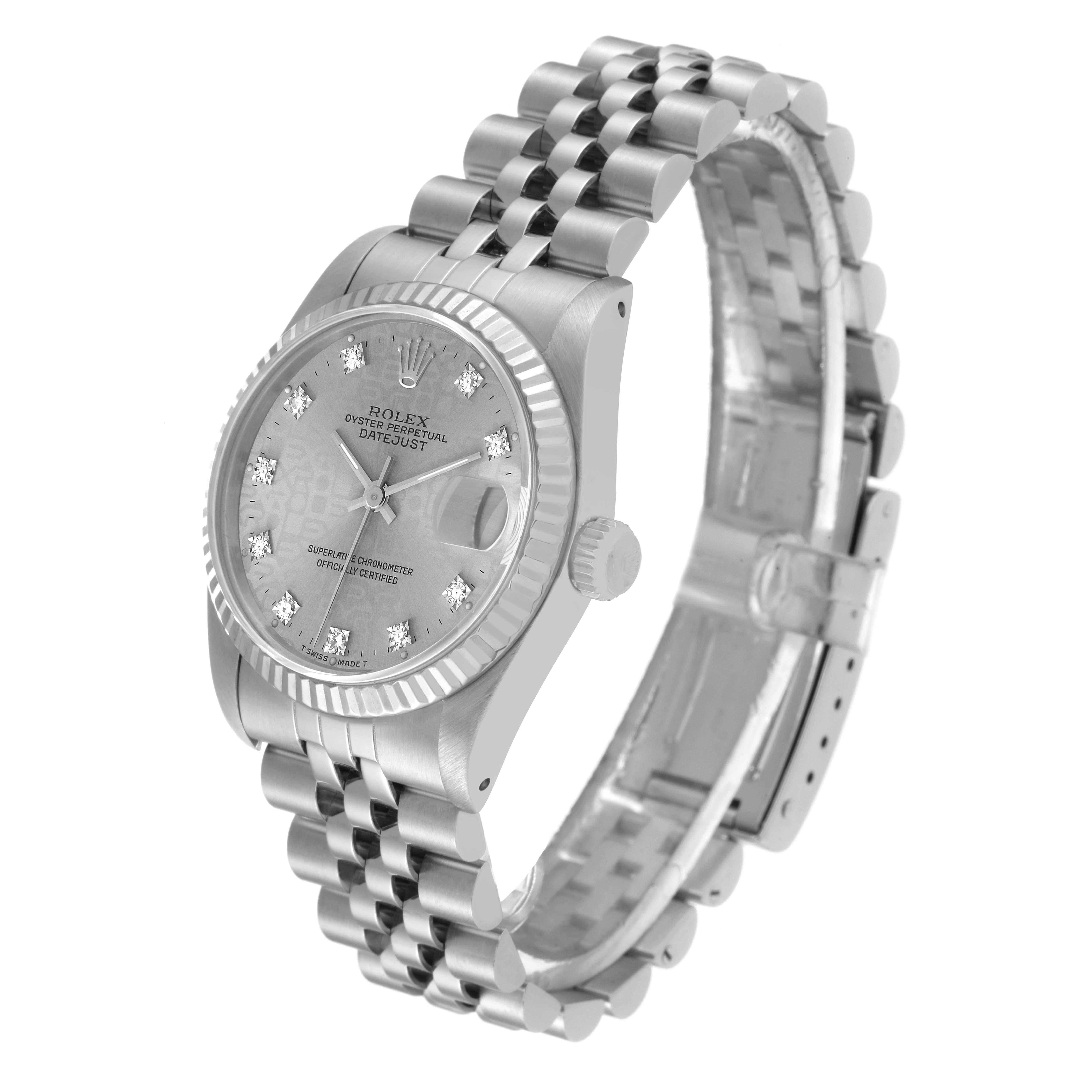 The image shows a Rolex Oyster Perpetual Datejust Mid-Size watch from a three-quarter angle, highlighting the dial, bezel, and bracelet.