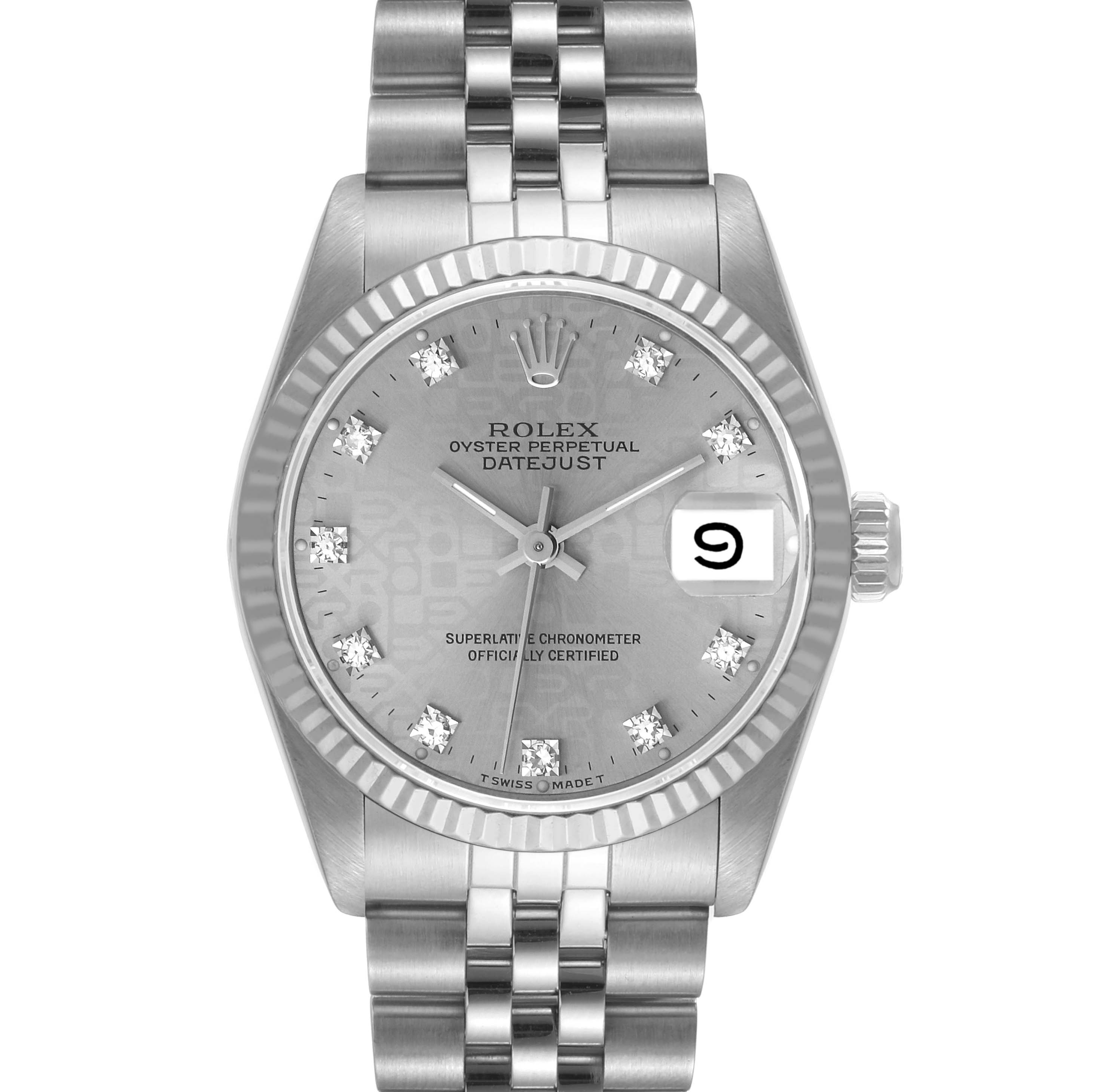 This is a frontal view of a Rolex Mid-Size 68274 Women's Stainless Steel Grey Dial 68274 Women's Stainless Steel Grey Dial Oyster Perpetual Datejust watch, showing the dial, hands, bezel, and bracelet.