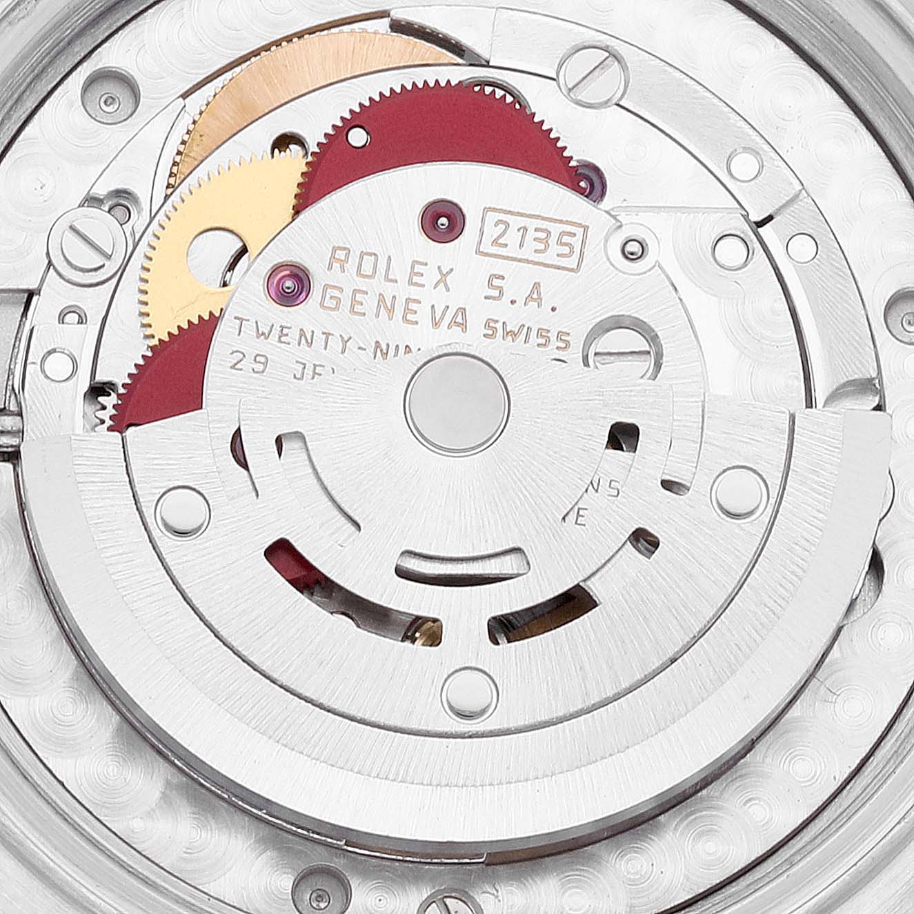 This image shows the internal movement mechanism of a Rolex Mid-Size 68274 Women's Stainless Steel Grey Dial 68274 Women's Stainless Steel Grey Dial model, featuring gears and components labeled "ROLEX S.A. GENEVA SWISS."