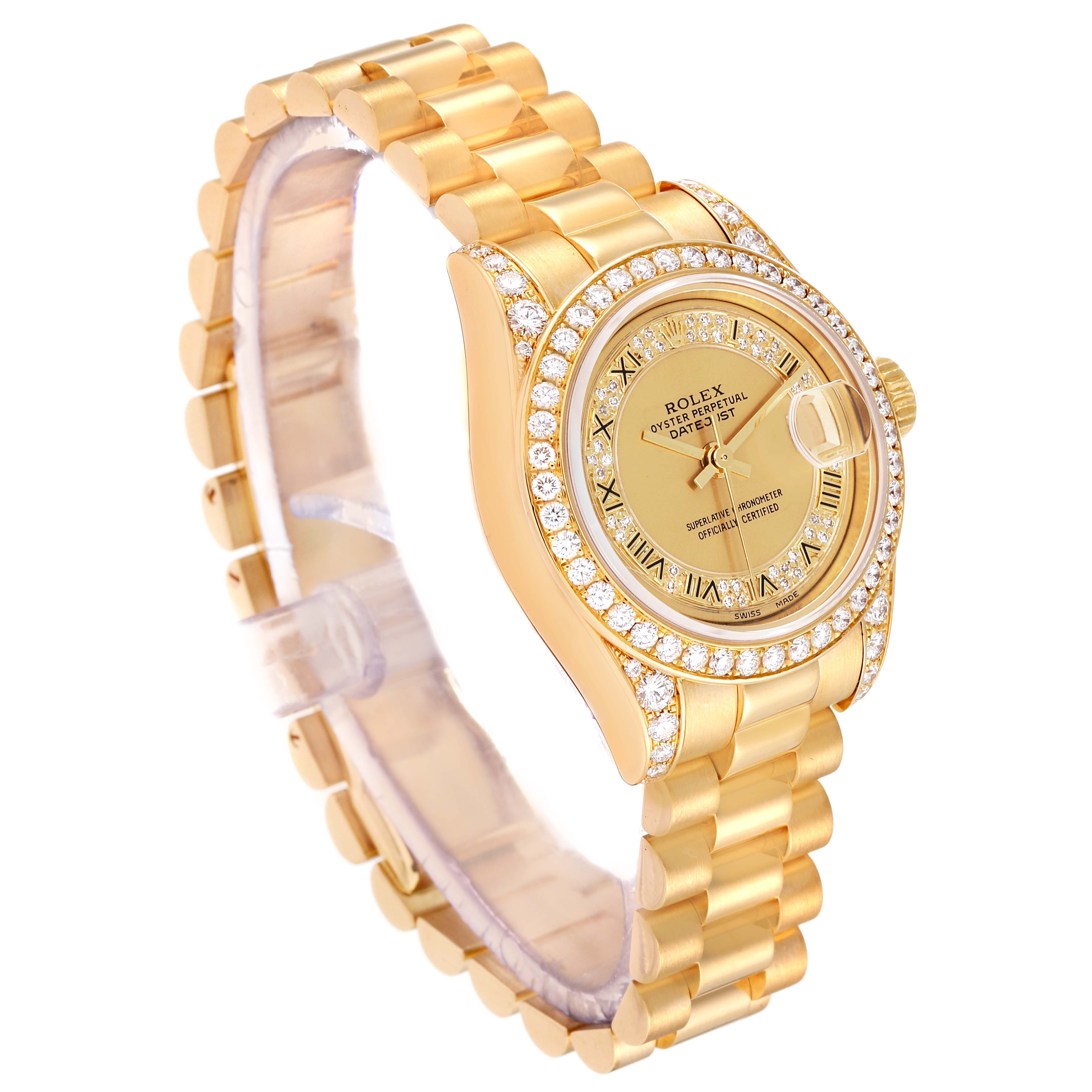 The image shows an angled view of a Rolex President 179158 Women's Yellow Gold Champagne Dial 179158 Women's Yellow Gold Champagne Dial model watch, highlighting its gold band and diamond-encrusted bezel.