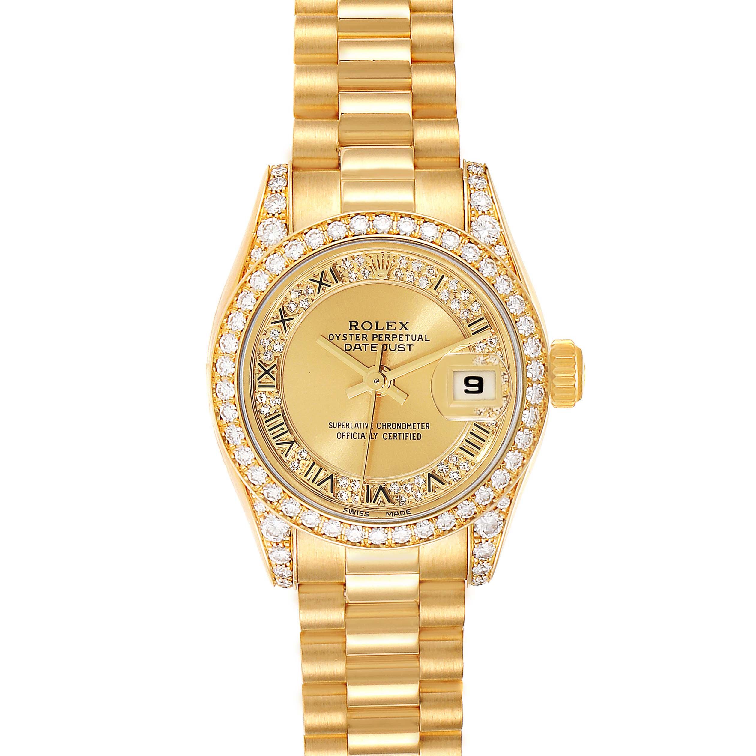The image shows a Rolex President 179158 Women's Yellow Gold Champagne Dial 179158 Women's Yellow Gold Champagne Dial model watch from a front view, showcasing its gold dial, bezel with diamonds, and date display.