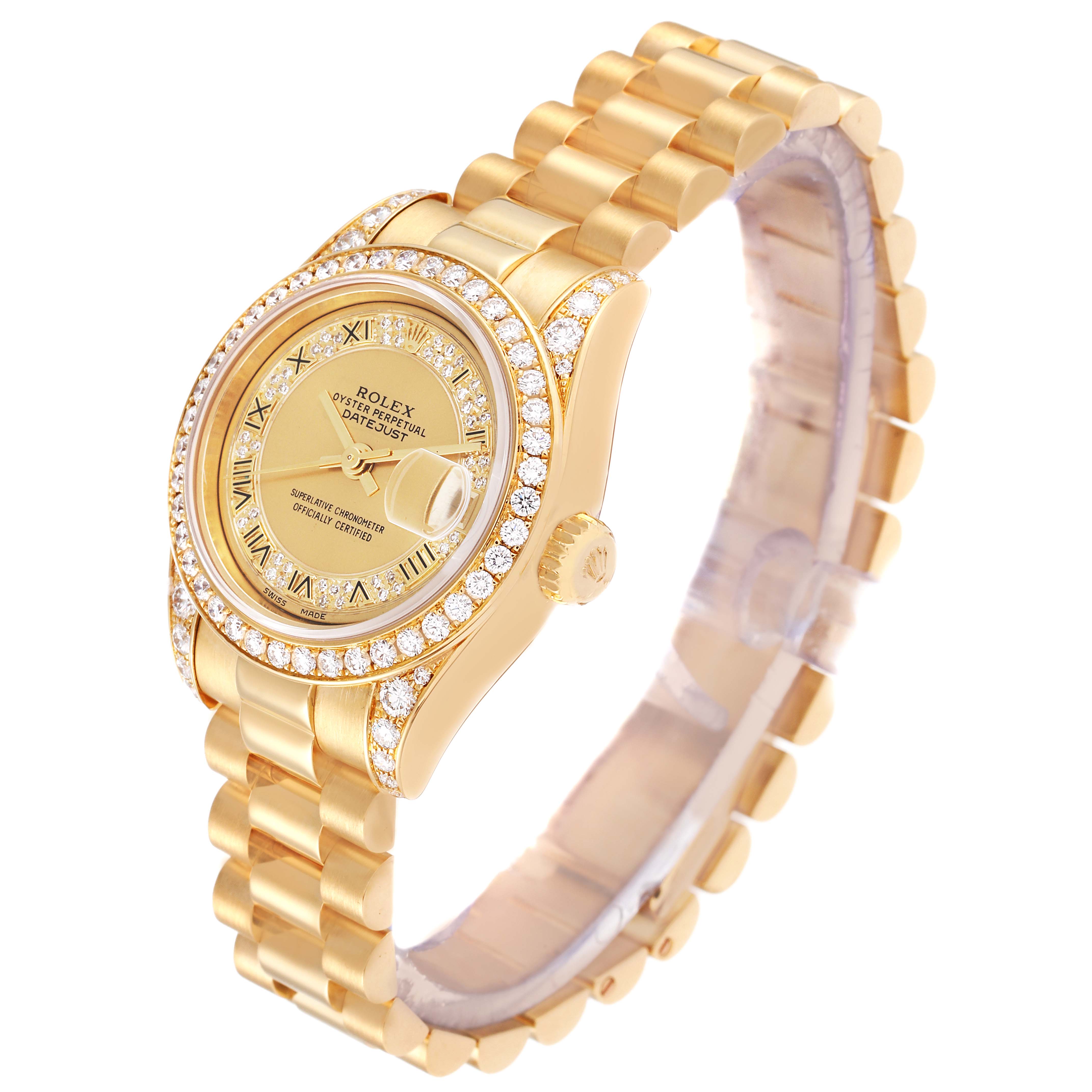 This image shows a side and front angle of a gold Rolex President 179158 Women's Yellow Gold Champagne Dial 179158 Women's Yellow Gold Champagne Dial model watch, highlighting the diamond-encrusted bezel and bracelet.
