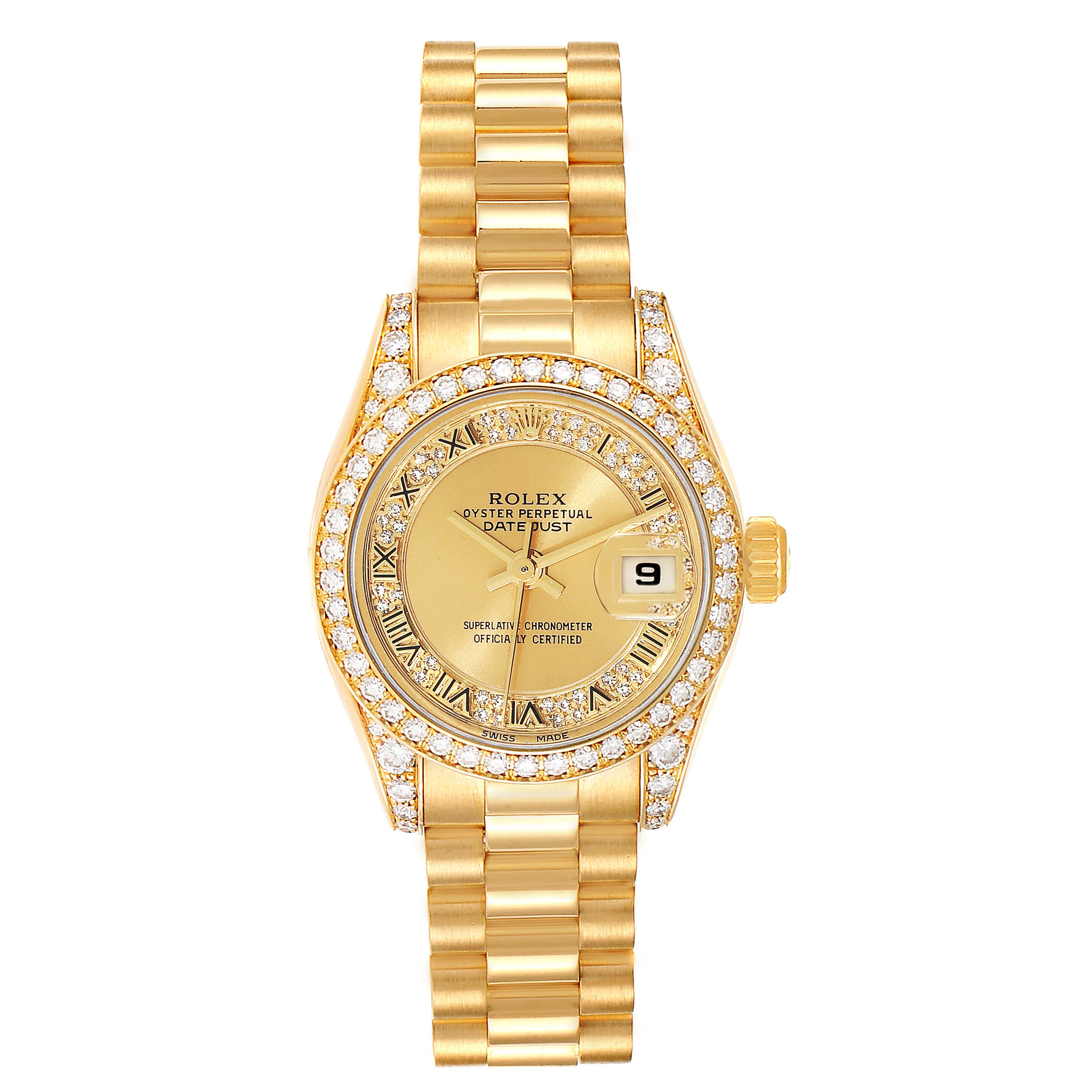 The image shows a top view of a Rolex President 179158 Women's Yellow Gold Champagne Dial 179158 Women's Yellow Gold Champagne Dial model watch, highlighting its gold band, face, and diamond bezel.
